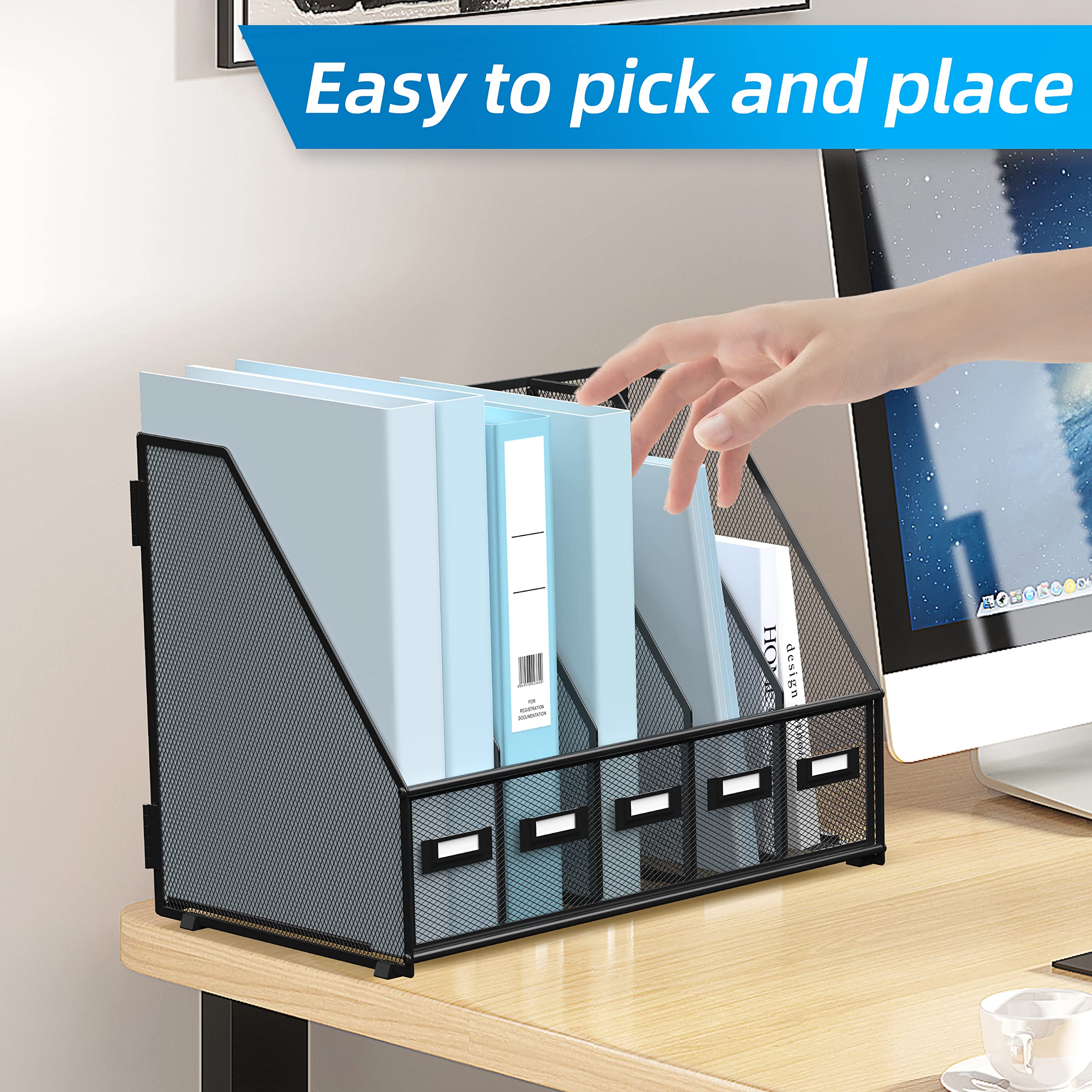 SUPEASY Metal Desk Organizer with 5 Vertical Compartments - Black Magazine File Holder for Office, Home Workspace | Perfect for Organizing Documents, Books, and Office Supplies on Your Desktop