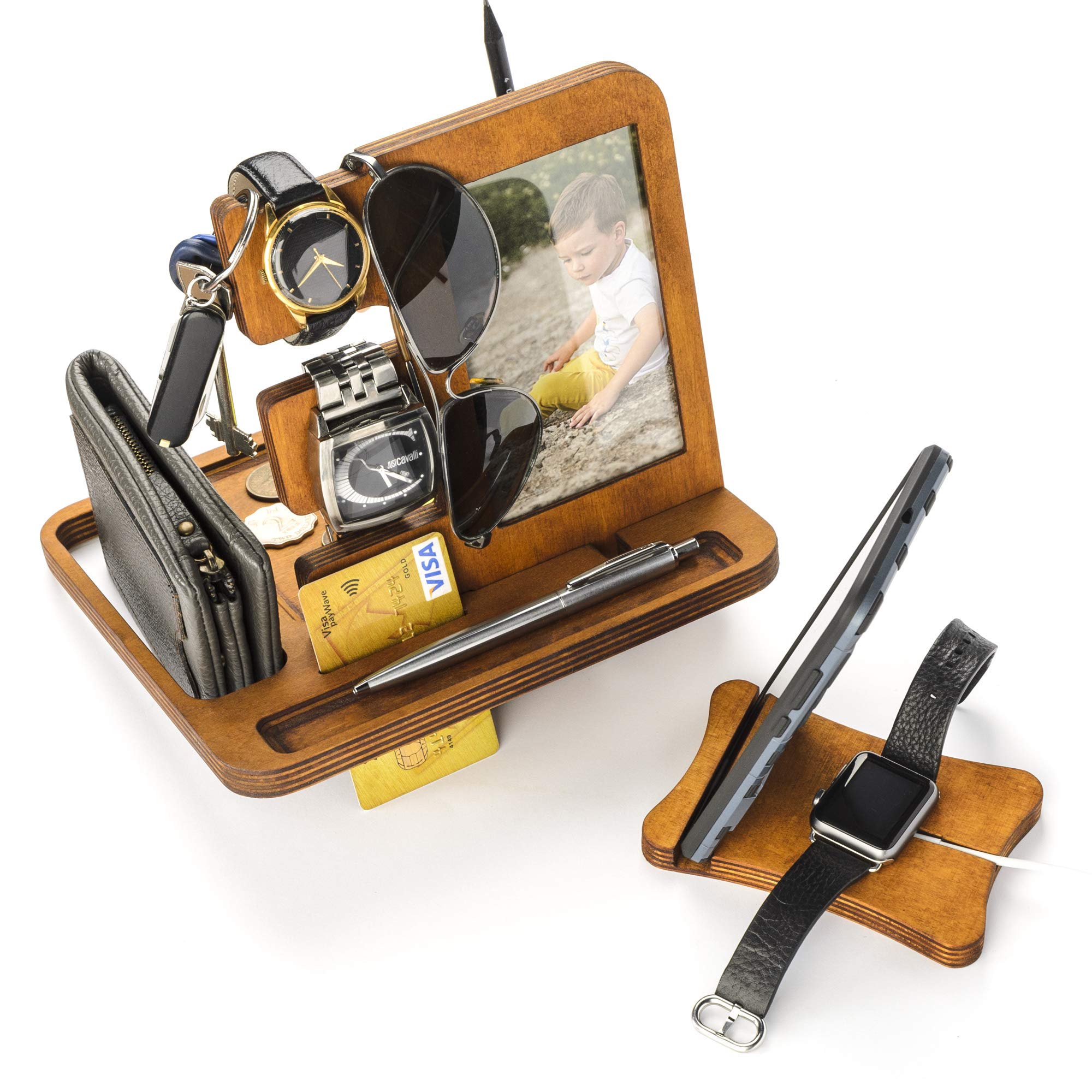 Wooden Phone Docking Station - Nightstand Organizer for Men with Phone, Tablet & Watch Holder - Wallet Stand - Perfect Anniversary Gift for Husband from Wife - Ideal for Bedside Organization & Tech Accessories Storage