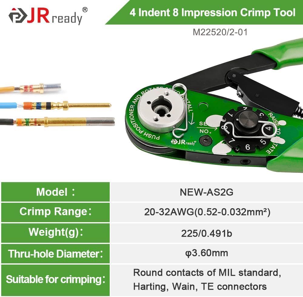 JRready ST2060-AS2G M22520 Aviation Crimp Tool Kit with 7 Positioners & G125 Gauge - 20-32AWG Miniature Connector Crimper for Solid Barrel Contacts in Electronic Systems - Perfect for Aircraft Wiring, Avionics Repair, and Electronics Manufacturing