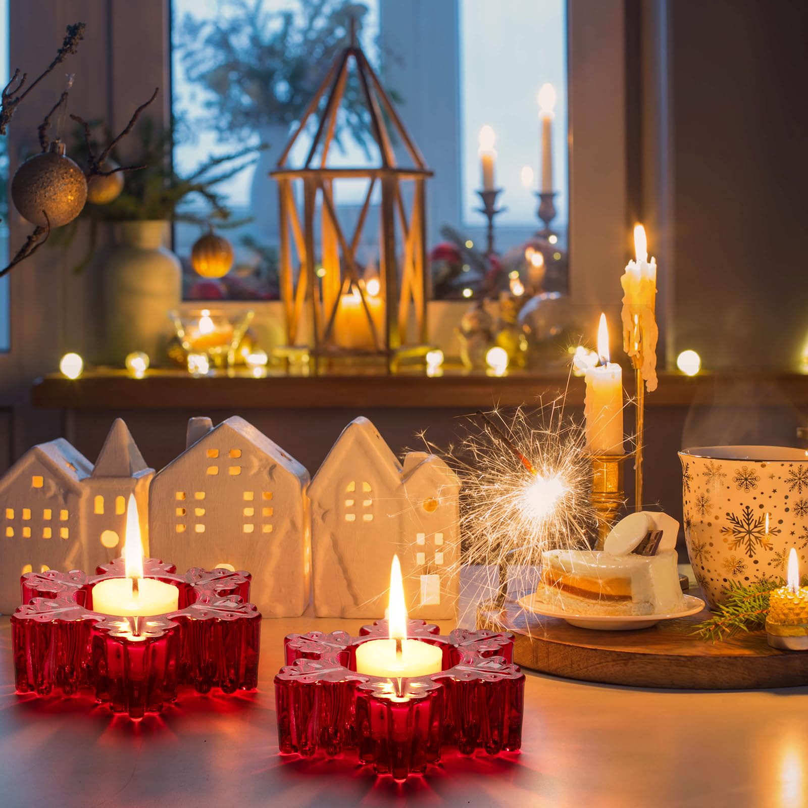 Set of 2 Red Glass Tealight Candle Holders - Christmas Snowflake Design Table Centerpiece Decor for Holiday Parties, Home Decor & Winter Weddings