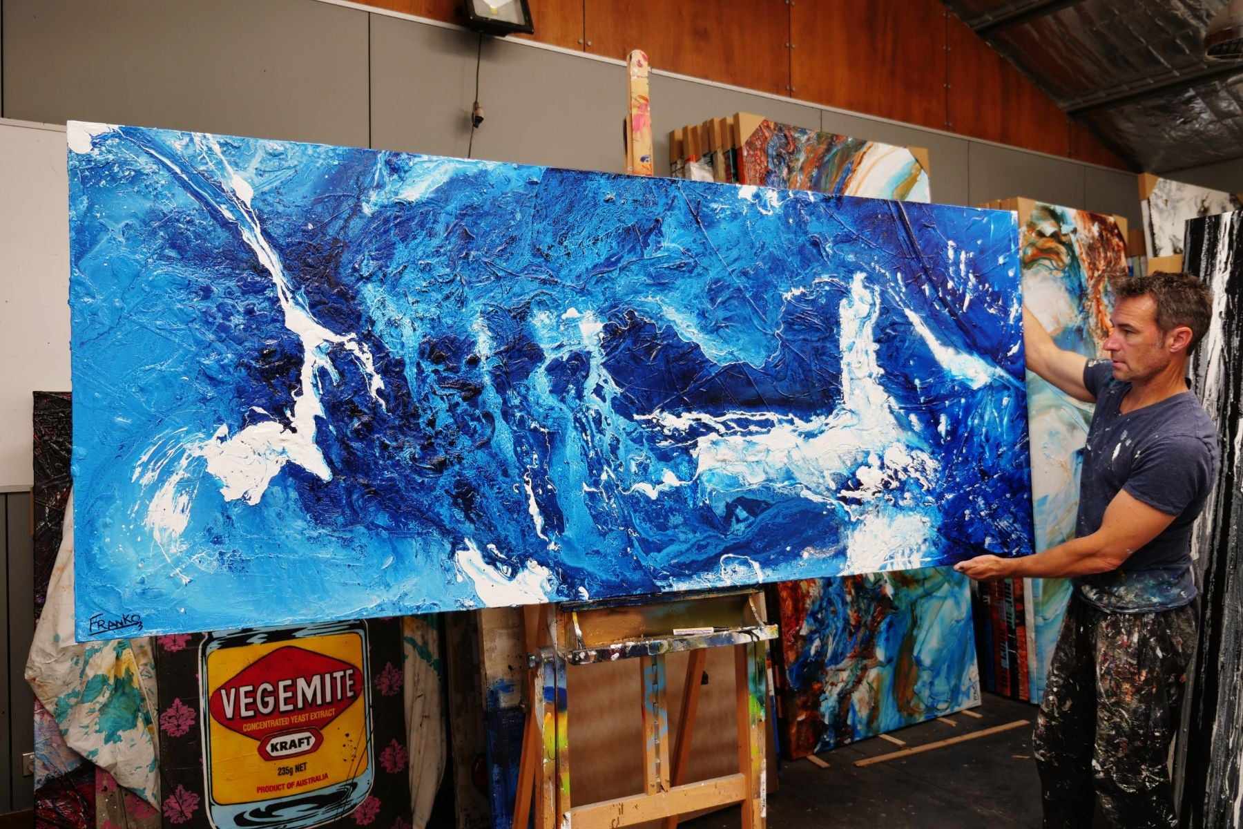 240cm x 100cm Blue and White Textured Abstract Ocean Painting - Sapphire Seas Wall Art for Living Room, Bedroom or Office Decor