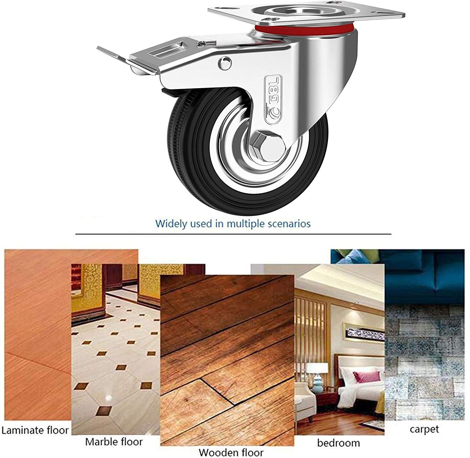 GBL 3'' Heavy Duty Caster Wheels with 2 Brakes & Screws - 440Lbs Capacity - Set of 4 Silent Rubber Furniture Casters - No Floor Marks - Silver Trolley Wheels for Workbenches, Cabinets, and Industrial Equipment