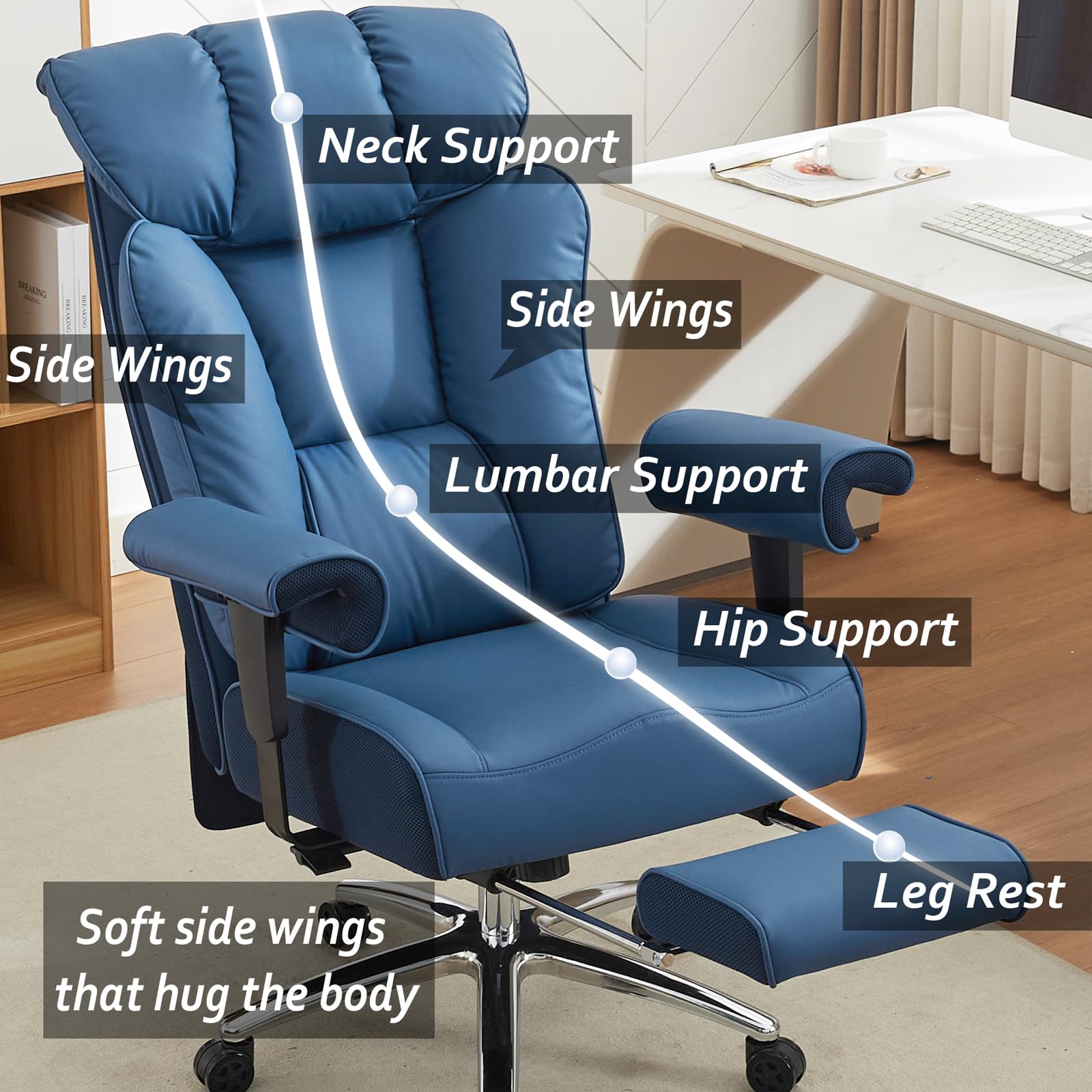 Ergonomic Office Chair for Big & Tall People - Heavy Duty Executive Chair with Footrest & Lumbar Support - Best Adjustable Desk Chair for Back Pain Relief - Blue Home Office Chair for Comfortable Working & Gaming