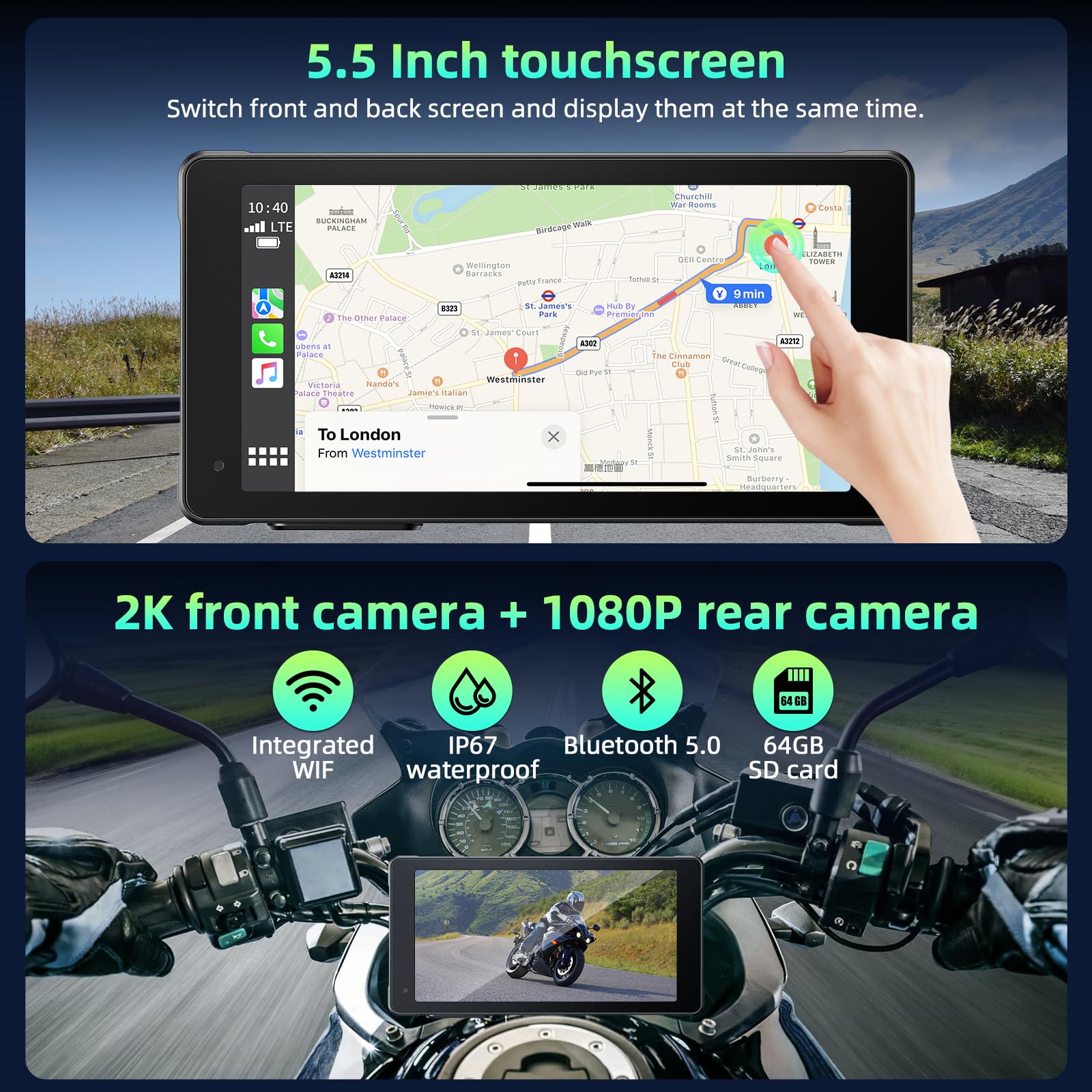 HOTPEAK 5.5-Inch IP67 Waterproof Motorcycle Stereo with Wireless CarPlay & Android Auto, 2K Front + 1080P Rear Dashcam, Bluetooth, Navigation & Voice Assistant - Perfect for Adventure Riding, Commuting and GPS Navigation on Your Bike
