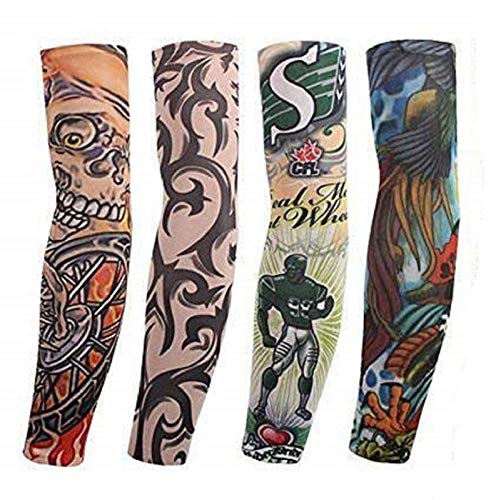 **4-Pack Ek Udaan Temporary Tattoo Arm Sleeves – Sun Protection, Fake Piercing & Tattoo Cover-Up – Tiger, Crown, Heart, Skull & Tribal Designs – Unisex Stretchable Cosplay Accessories for Festivals, Halloween & Costume Parties**