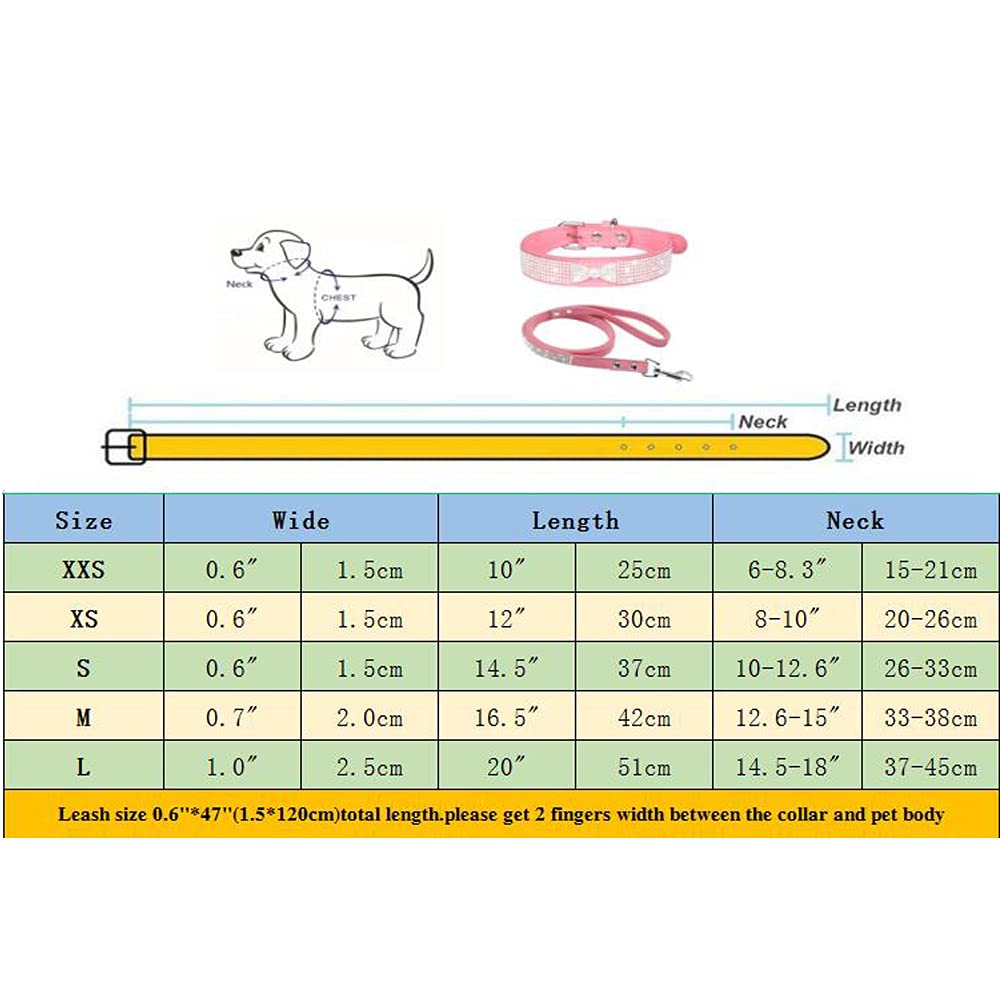 Sparkly Rhinestone Dog Collar & Leash Set with Glitter Bow - Adjustable Soft Suede Pet Collar for Dogs & Cats (Pink, Size M:12.6-15