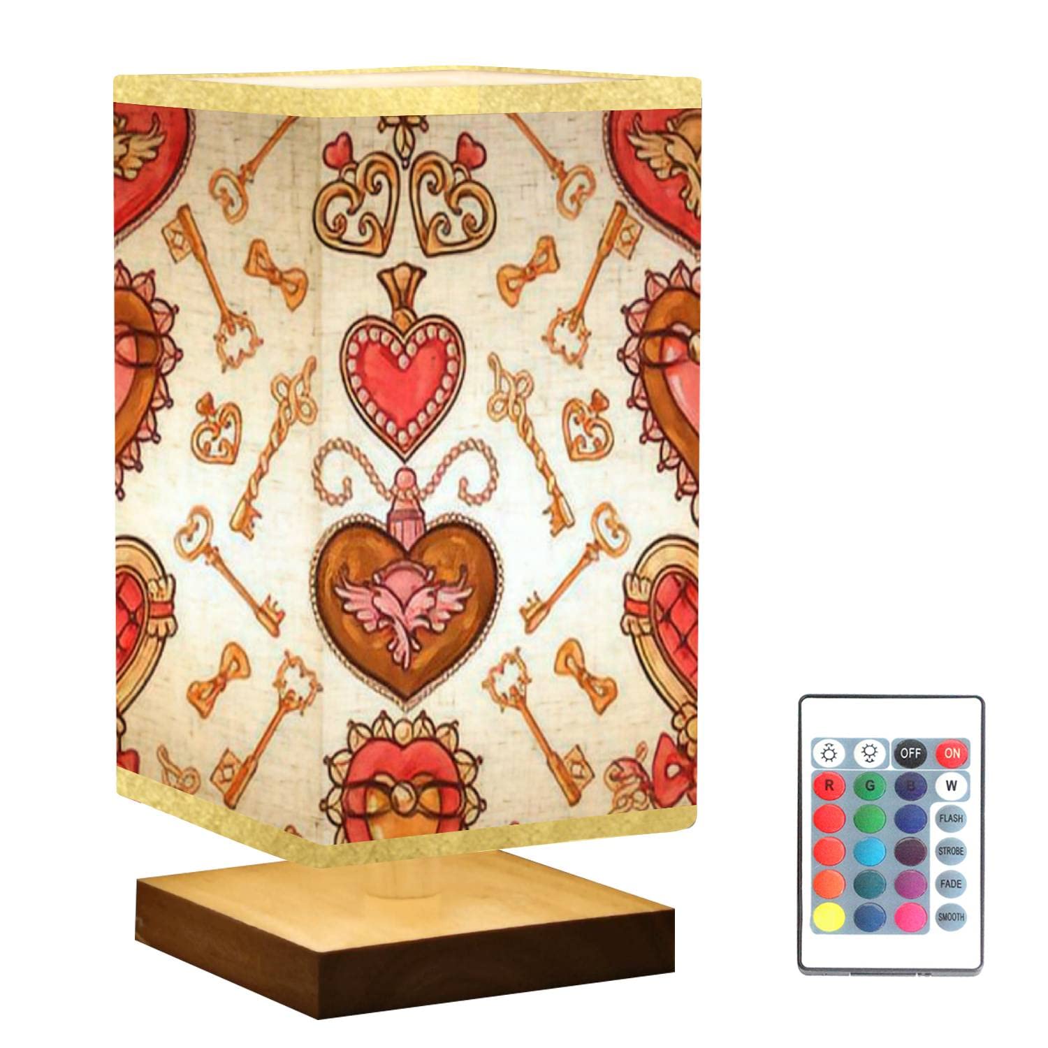 Valentine's Day Square Bedside Table Lamp with Hand-Drawn Hearts & Keys Design, Wooden Base & Flaxen Fabric Shade, Dimmable Nightstand Lamp for Bedroom, Living Room - Perfect for Romantic Decor, Cozy Reading & Ambient Lighting