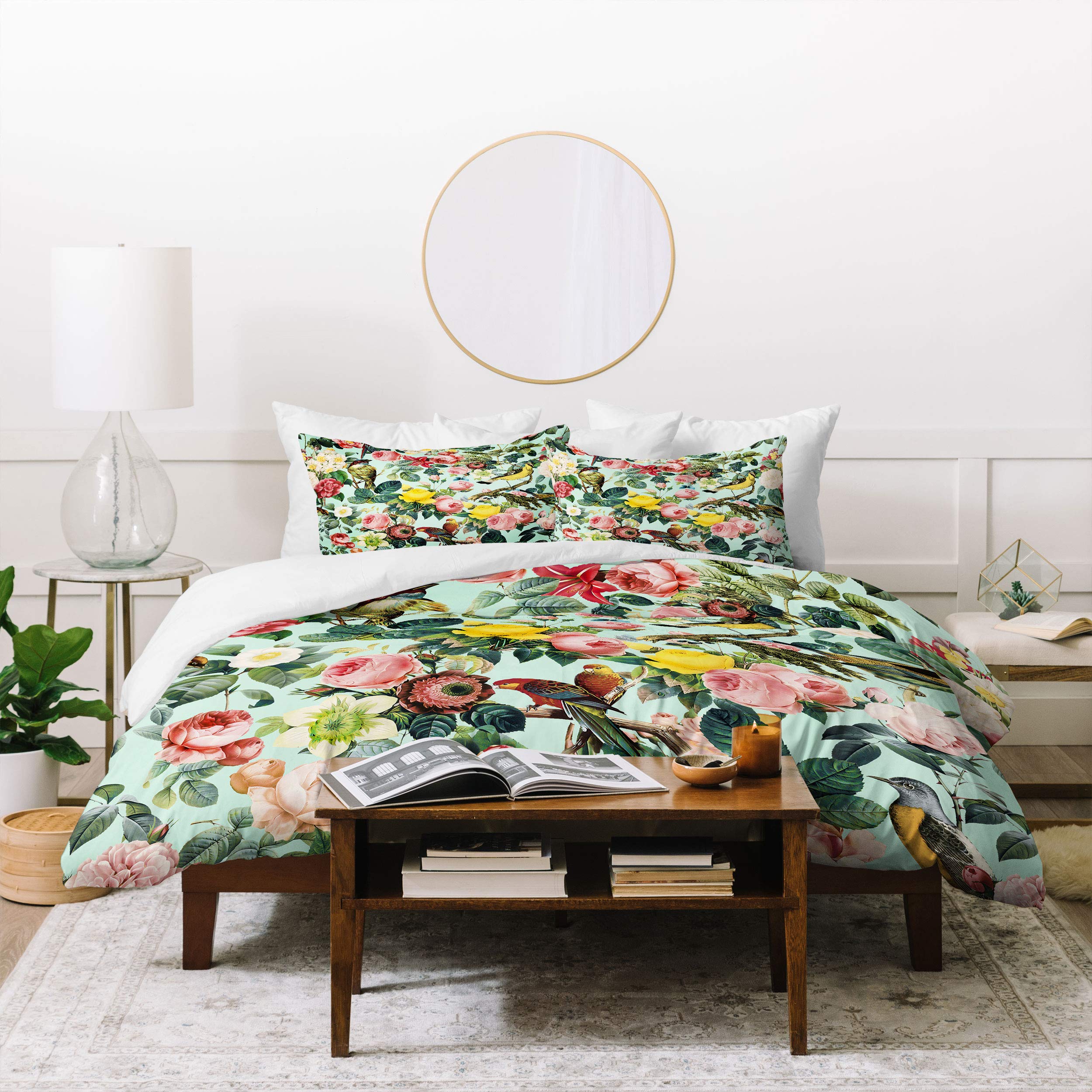 Floral & Birds Duvet Cover Set - Full/Queen with Pillow Shams for Bedroom Decor