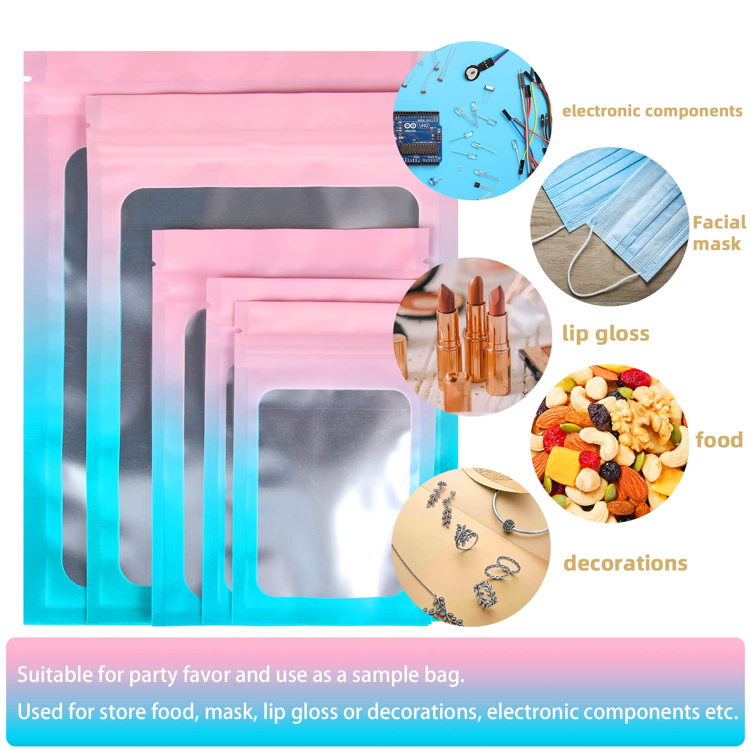 100 Pack Smell Proof Mylar Bags 5.9 x 8.7 Inch - Airtight Foil Pouch with Clear Window, Flat Matte Gradient Design (Pink/Blue) - Ideal for Food Storage, Travel, and Organizing Small Items