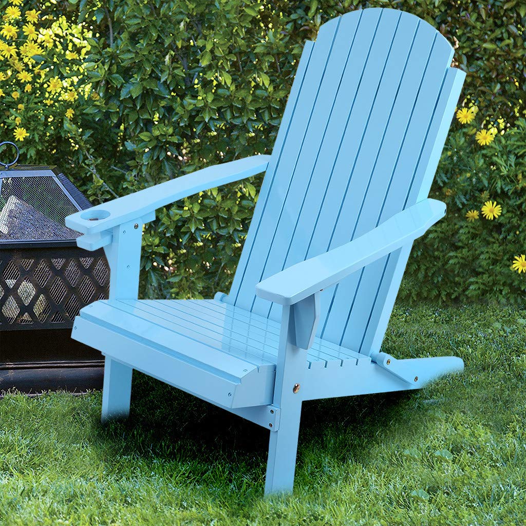 Premium Folding Solid Wood Reclining Adirondack Chair for Outdoor, Beach, Patio & Garden - Comfortable Adult Lounge Chair (Blue) - Perfect for Relaxing, Sunbathing & Backyard Lounging