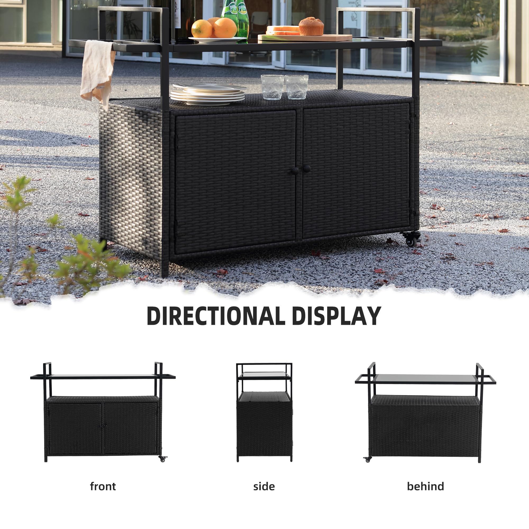 Outdoor Wicker Bar Cart with Glass Top - Rolling Portable Serving Table & Storage Cabinet for Wine, Patio, Porch, Backyard - Perfect for Poolside Parties & Outdoor Entertaining (Black)