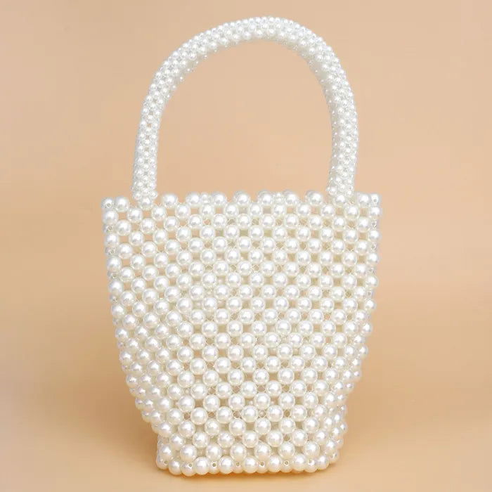 Elegant Pearl-Embellished Woven Leather Top Handle Bucket Bag for Women - Perfect for Work, Date Night & Special Occasions