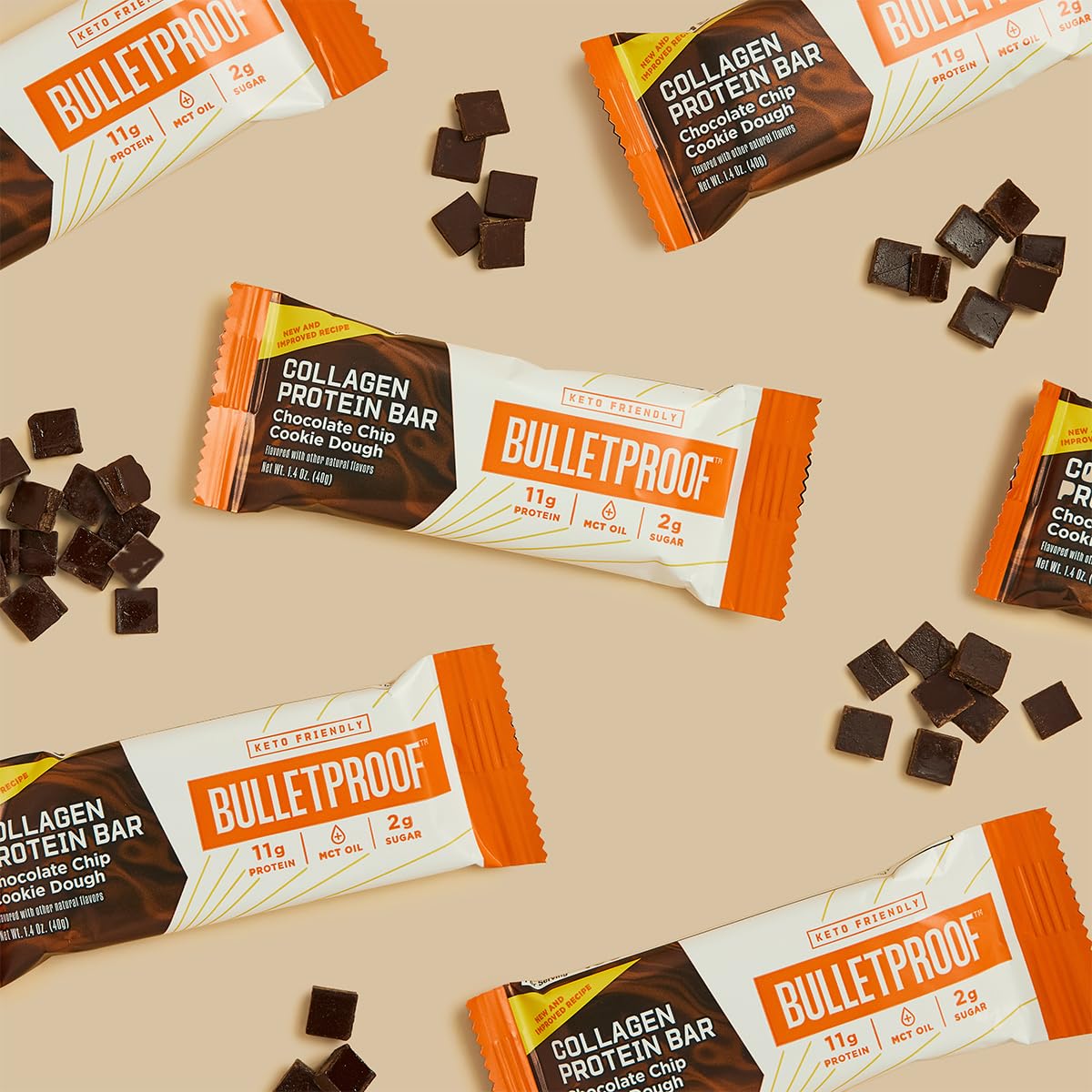 Keto-Friendly Bulletproof Chocolate Chip Cookie Dough Collagen Protein Bars - Pack of 12 | Grass-Fed Collagen, MCT Oil, No Added Sugar | Perfect for Post-Workout Recovery & Low-Carb Snacking