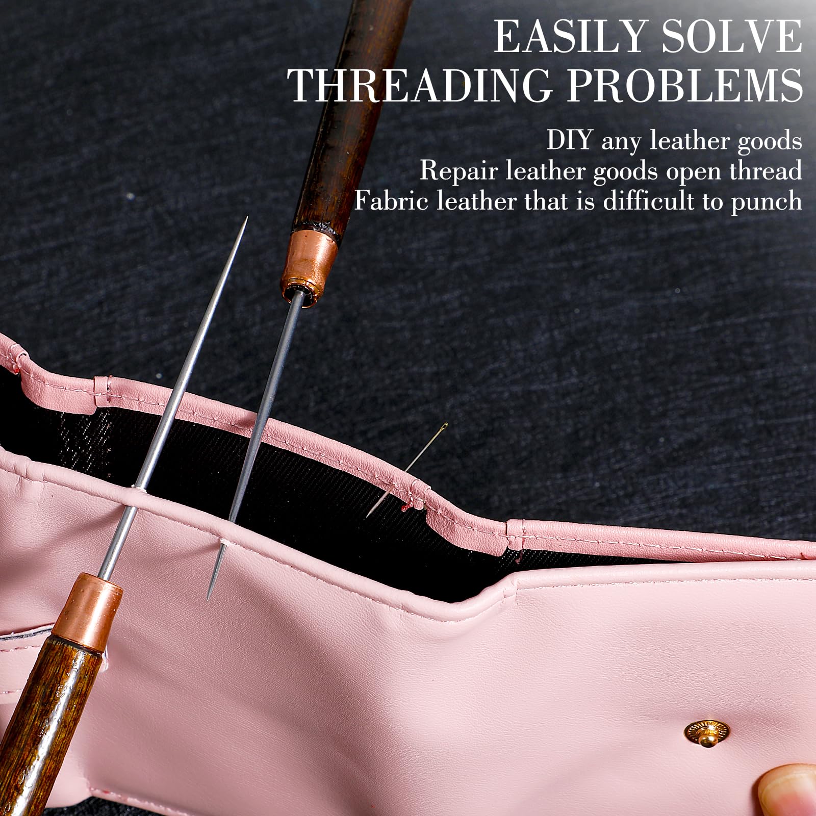 2Pcs Scratch Awl Tool Set - Metal Leather Punch with Wooden Handle, Micro Point Sewing Awl Needles for Fabric Hole Punching & Stitching - Perfect for Leather Craft, DIY Repair, Tailoring and Upholstery Projects