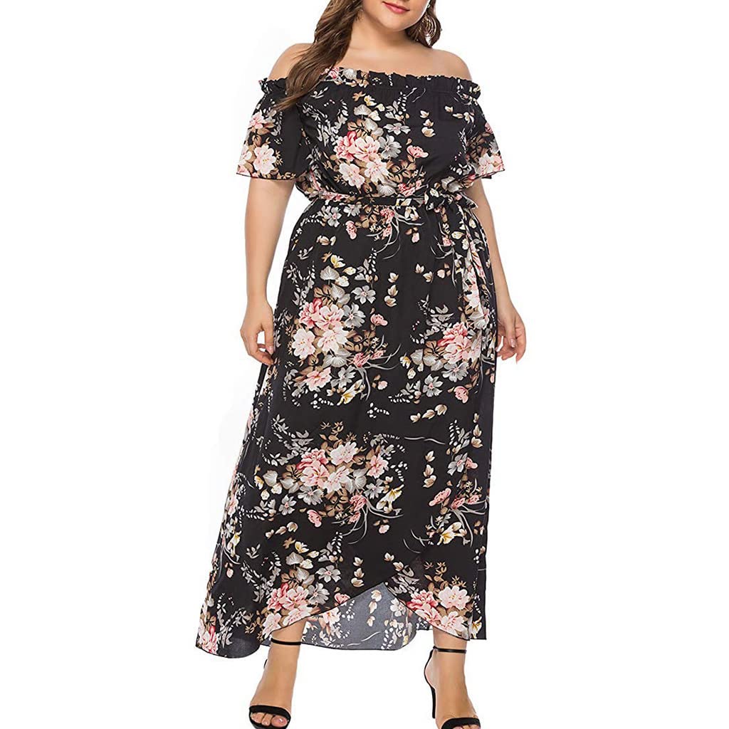 Vintage Floral Print Maxi Dress for Women - Summer Short Sleeve Off Shoulder Casual Beach Dress Plus Size - Perfect for Vacation, Date Night & Outdoor Events