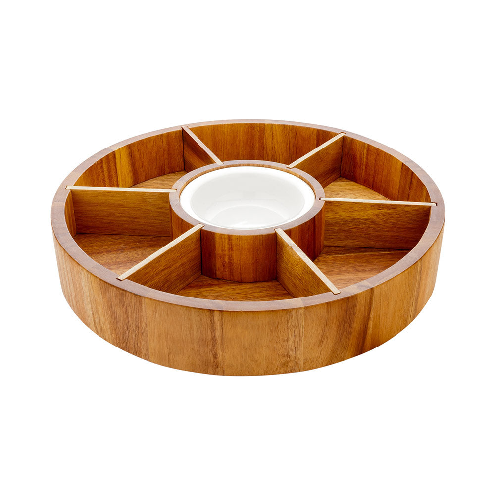 Premium Acacia Wood Chip and Dip Serving Tray with 6 Compartments & Porcelain Bowl - 12