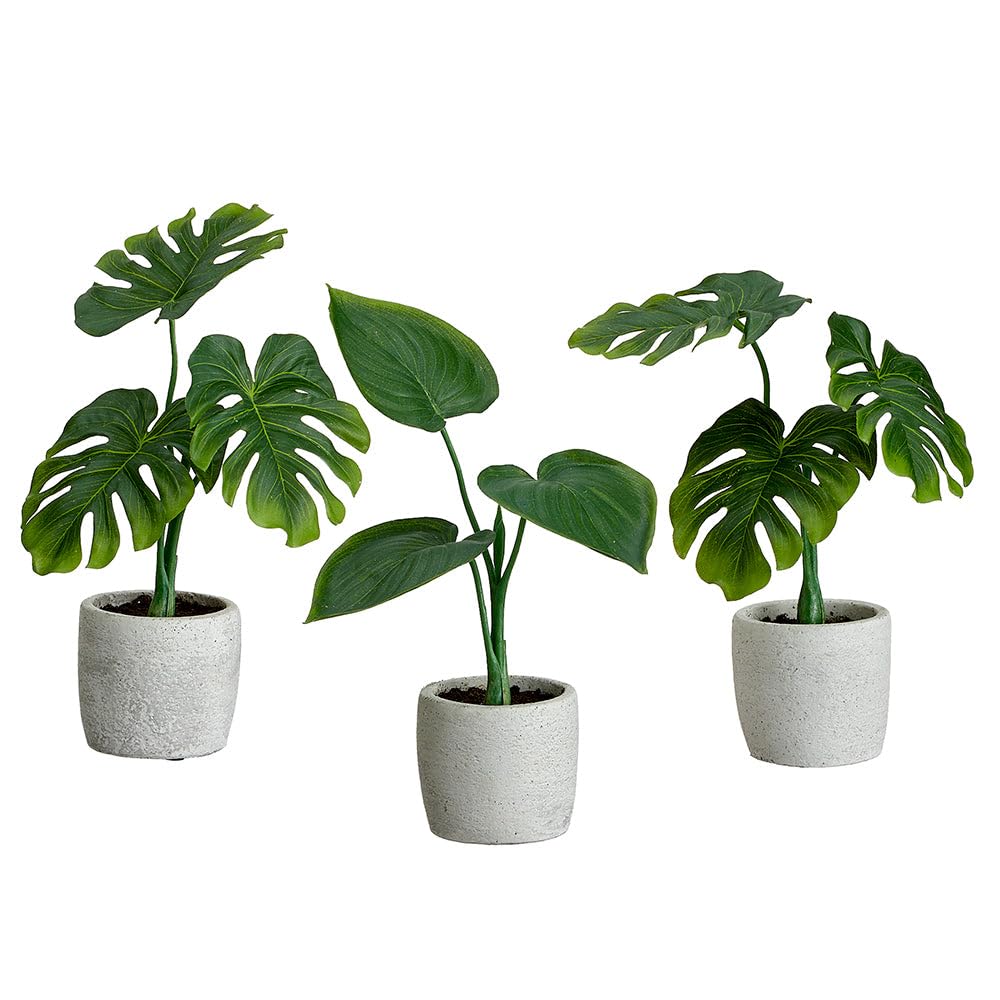Set of 3 9-Inch Artificial Silk Philodendron Plants with Cement Pots - Green (2 Pack) | Realistic Fake Plants for Home Office Decor, Housewarming Gift, Indoor Greenery