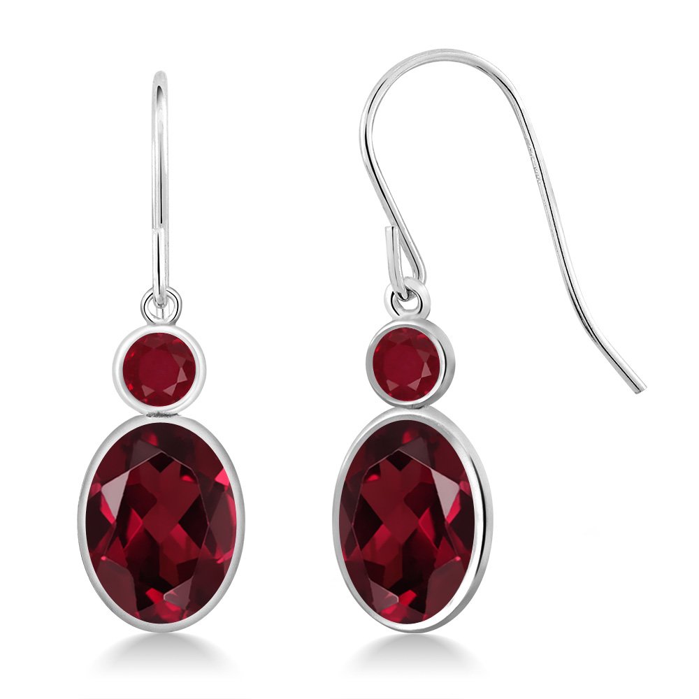 14K White Gold Red Rhodolite Garnet & Ruby Dangle Earrings for Women | January Birthstone | Oval & Round Cut (3.08 Cttw) | Perfect for Parties, Weddings & Special Occasions