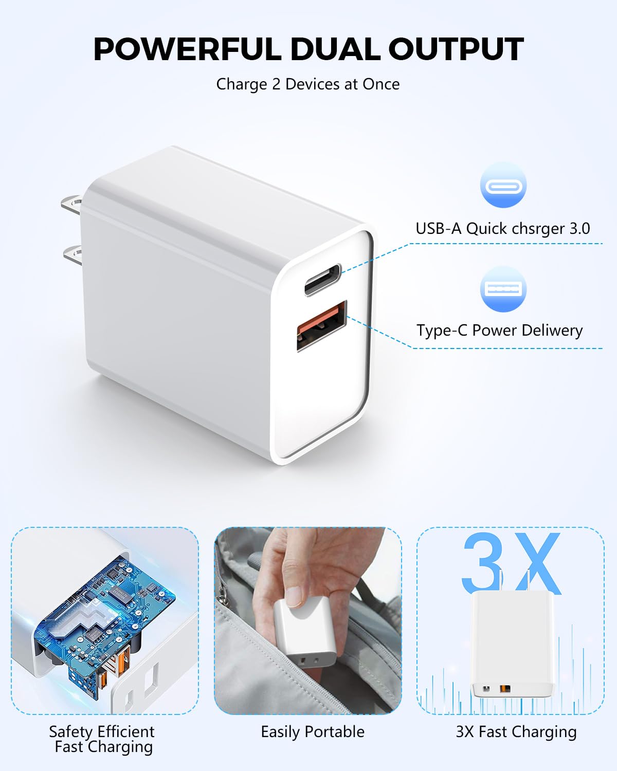 20W Dual Port USB C Fast Charger Block - 3 Pack, PD Quick Charging Adapter for iPhone 16/15/14/13/12/11 Series & Pro Models | Perfect for Home, Office & Travel Charging