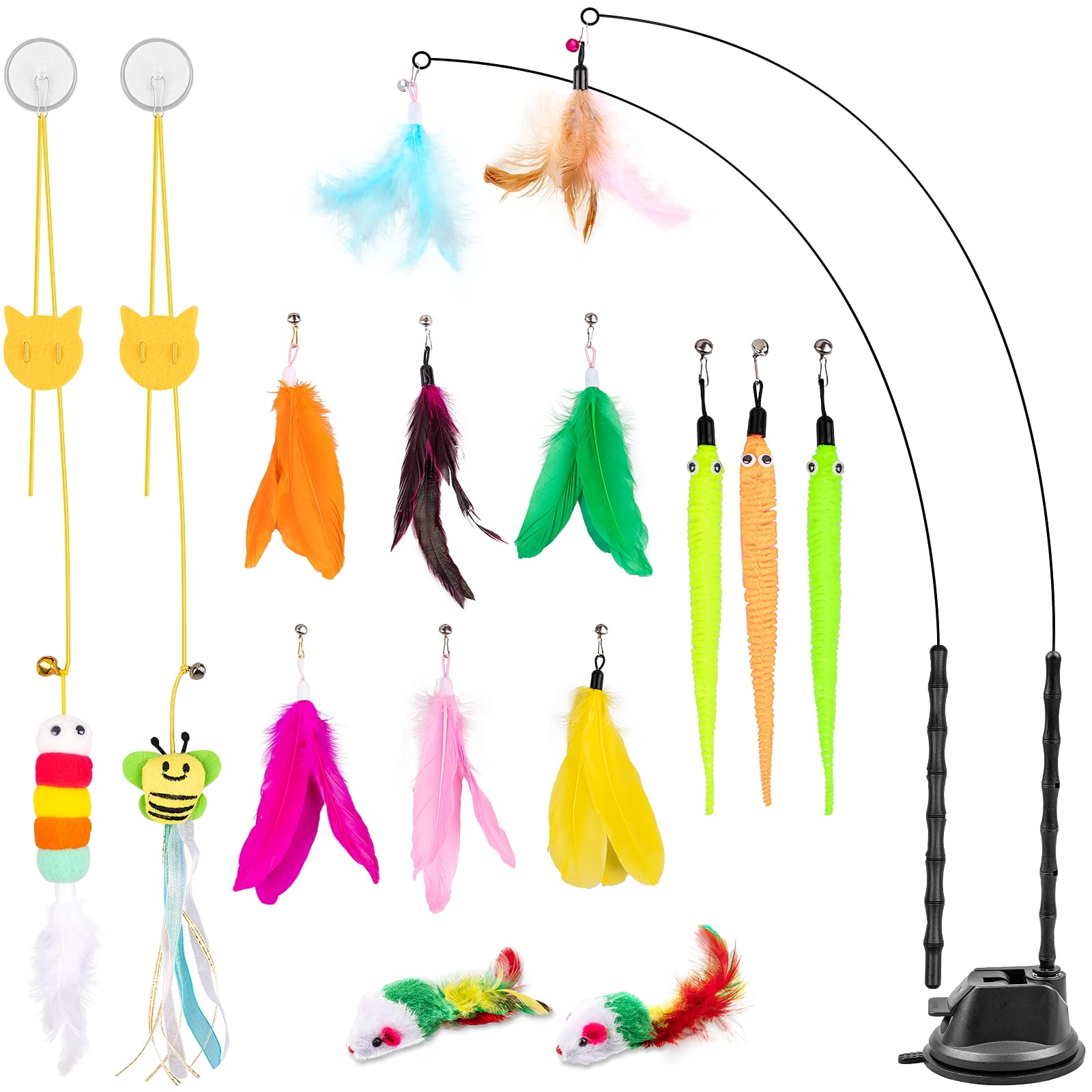 Depets Interactive Cat Wand Toy - 15 Pcs Feather Teaser Toy with 2 Play Modes & Reusable Suction Cup for Indoor Cats & Kittens | Perfect for Exercise, Playtime & Bonding with Your Feline Friend