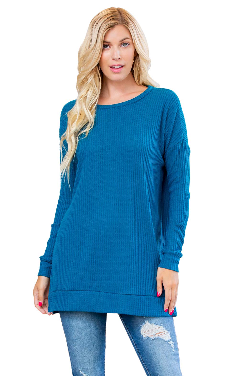 Waffle Knit Henley T-Shirt Tunic for Women - Soft Loose Fit Round Neck Long Sleeve Top | Casual Fall Outfit, Layering Piece & Cozy Home Wear
