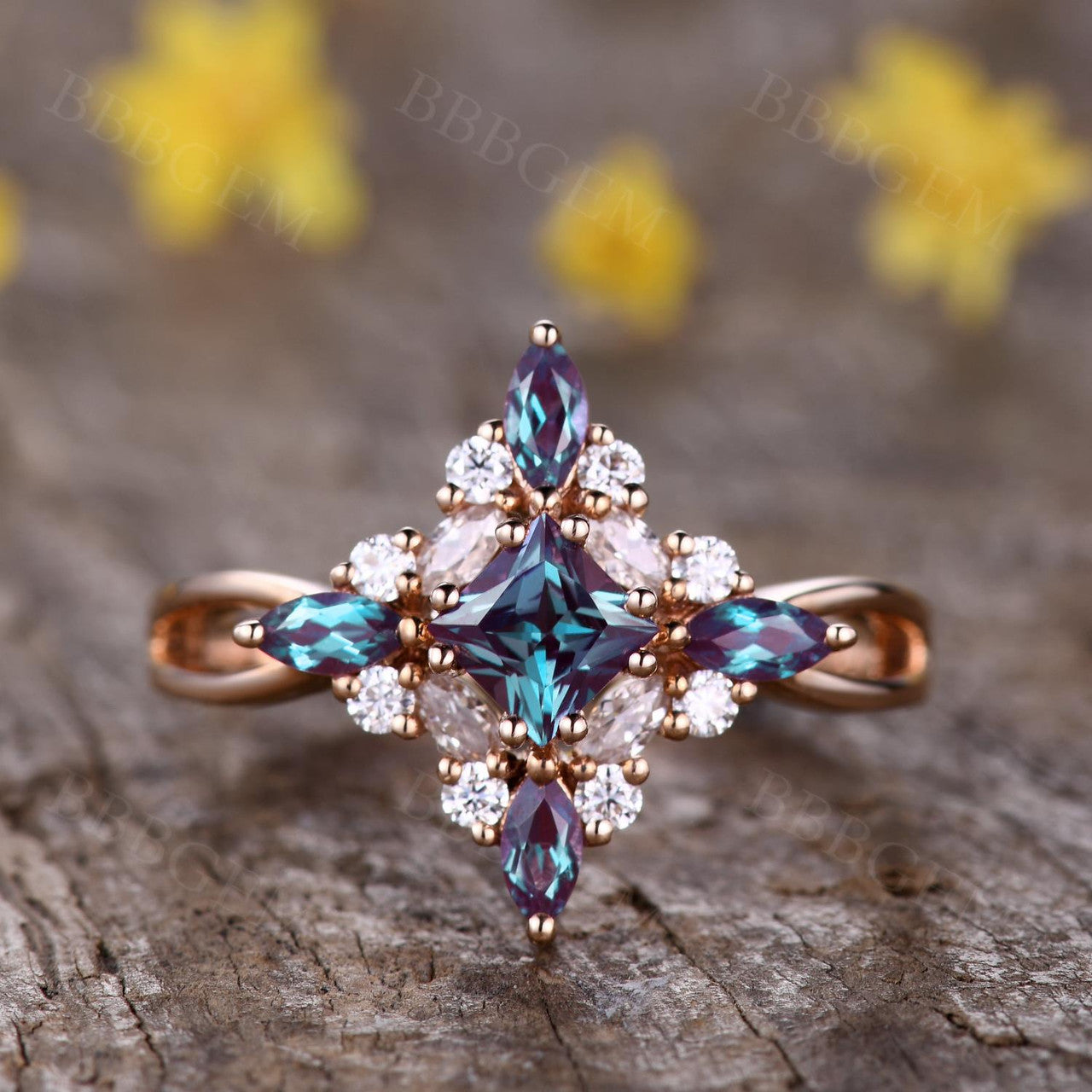 Vintage French Princess Cut Lab Alexandrite Infinity Crossover Ring Cluster Diamond - Elegant Engagement, Wedding, Anniversary Jewelry Gift for Women