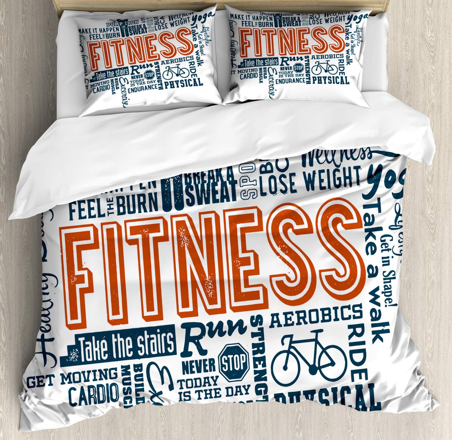 Ambesonne Fitness Duvet Cover Set - Sports & Exercise Themed Retro Typography for Active Lifestyle - 2 Pack Queen Size Bedding Set Includes 2 Duvet Covers & 2 Pillowcases - Dark Blue, Orange & White - Perfect for Gym Enthusiasts & Athletes Bedroom Decor