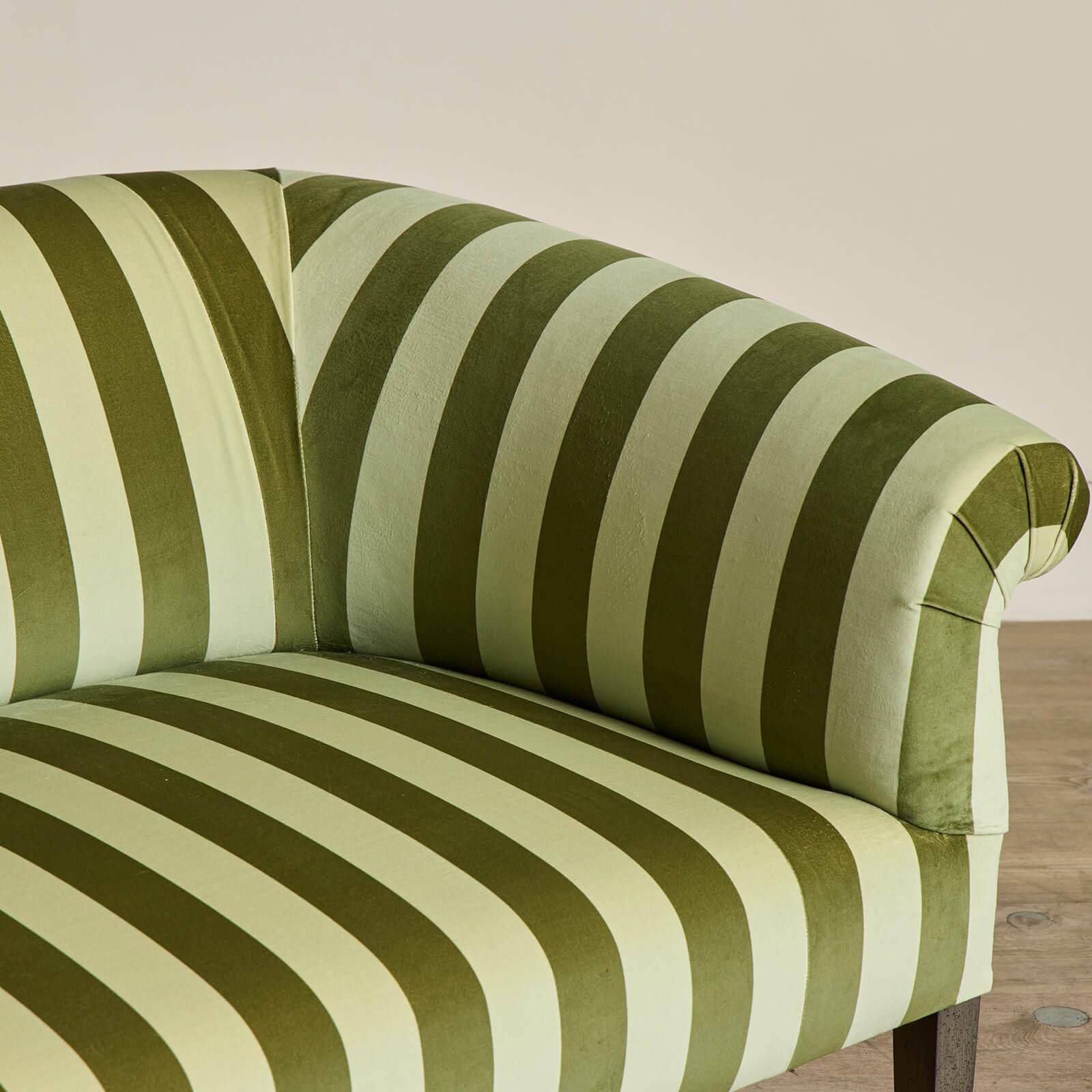 CAMELOT STRIPE Velvet Lowback Settee Sofa - Juniper Green Upholstered Loveseat for Living Room, Bedroom, or Office Decor
