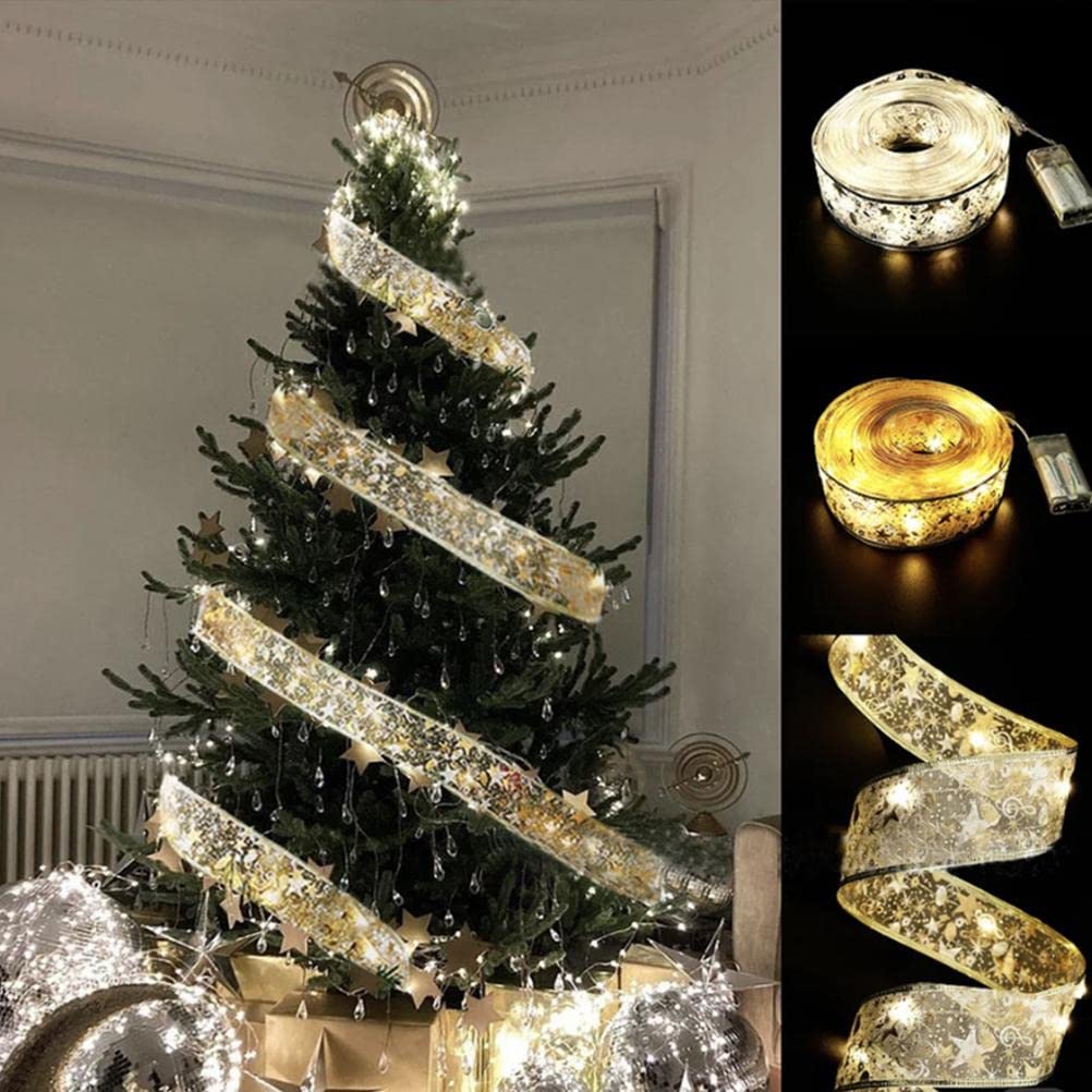 Ariarly Shining Ribbon Fairy Lights - 5M LED Christmas String Lights for Tree Decorations, Indoor & Outdoor Holiday Glow Lights, DIY Lace Bow Xmas Decor - Perfect for Christmas Trees, Weddings, Parties, and Home Decoration
