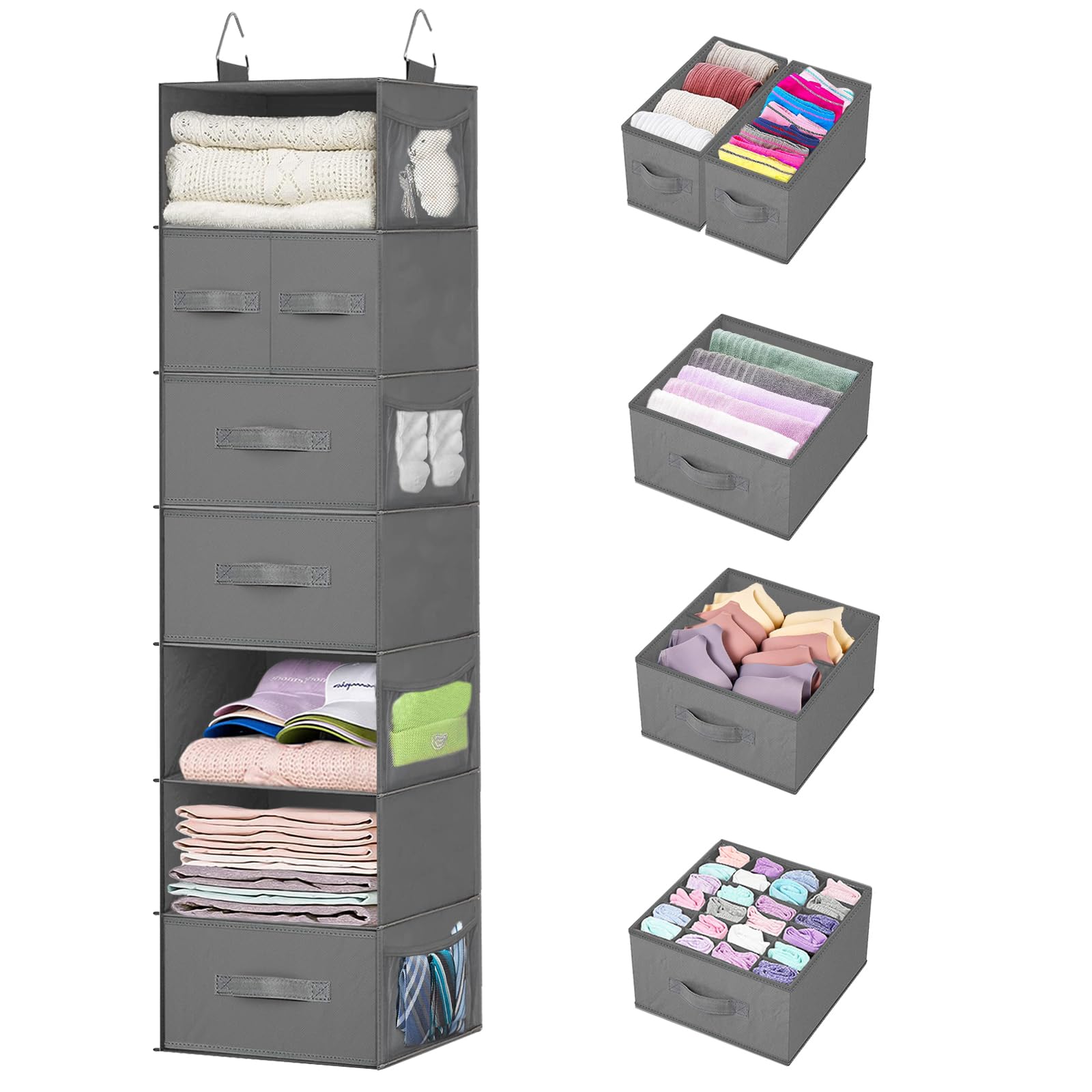 Homyfort 7-Shelf Hanging Closet Organizer with Drawers & 8 Side Pockets - Space Saving Wardrobe Storage for Clothes, Shoes & Accessories - Perfect for Bedroom, Closet & Dorm Organization (Grey)