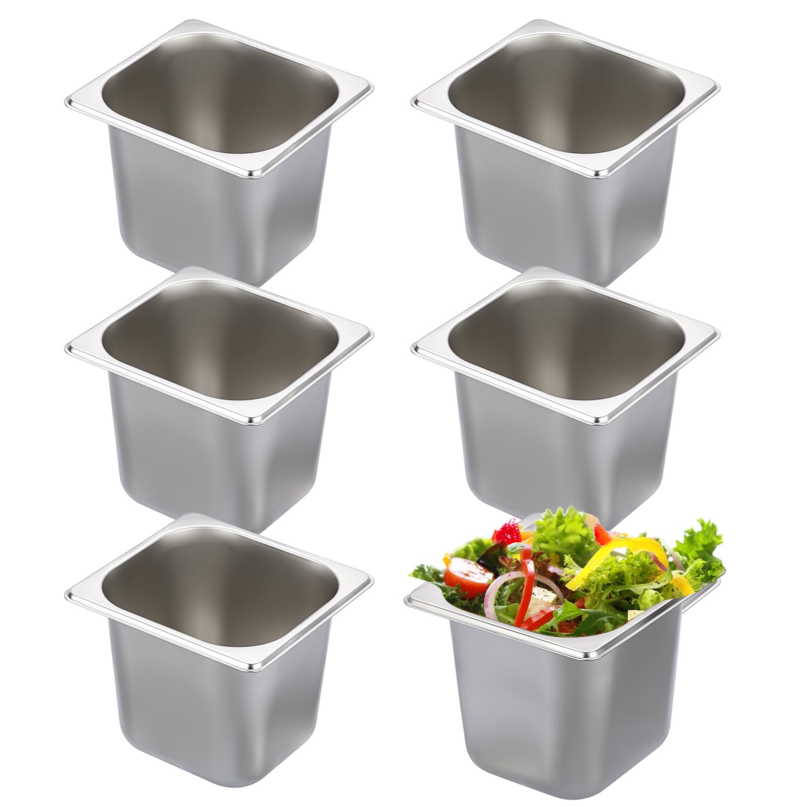 6 Pack 1/6 Size 6 Inch Deep Stainless Steel Hotel Pans - Commercial Grade Stackable Catering Pans for Steam Tables, Buffets, Restaurants & Party Food Service - Perfect for Kitchen Prep, Food Storage & Serving