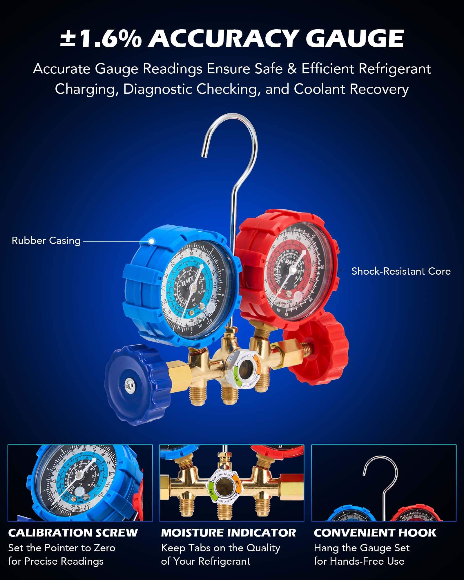Orion Motor Tech 1/4 HP 3.5 CFM AC Vacuum Pump & Gauge Set - Complete HVAC Manifold Gauge Kit with 3 Hoses & Adapters for R134a R12 R22 R502 Refrigerants - Professional A/C Vacuum Pump Kit for Auto Air Conditioning Repair & Maintenance