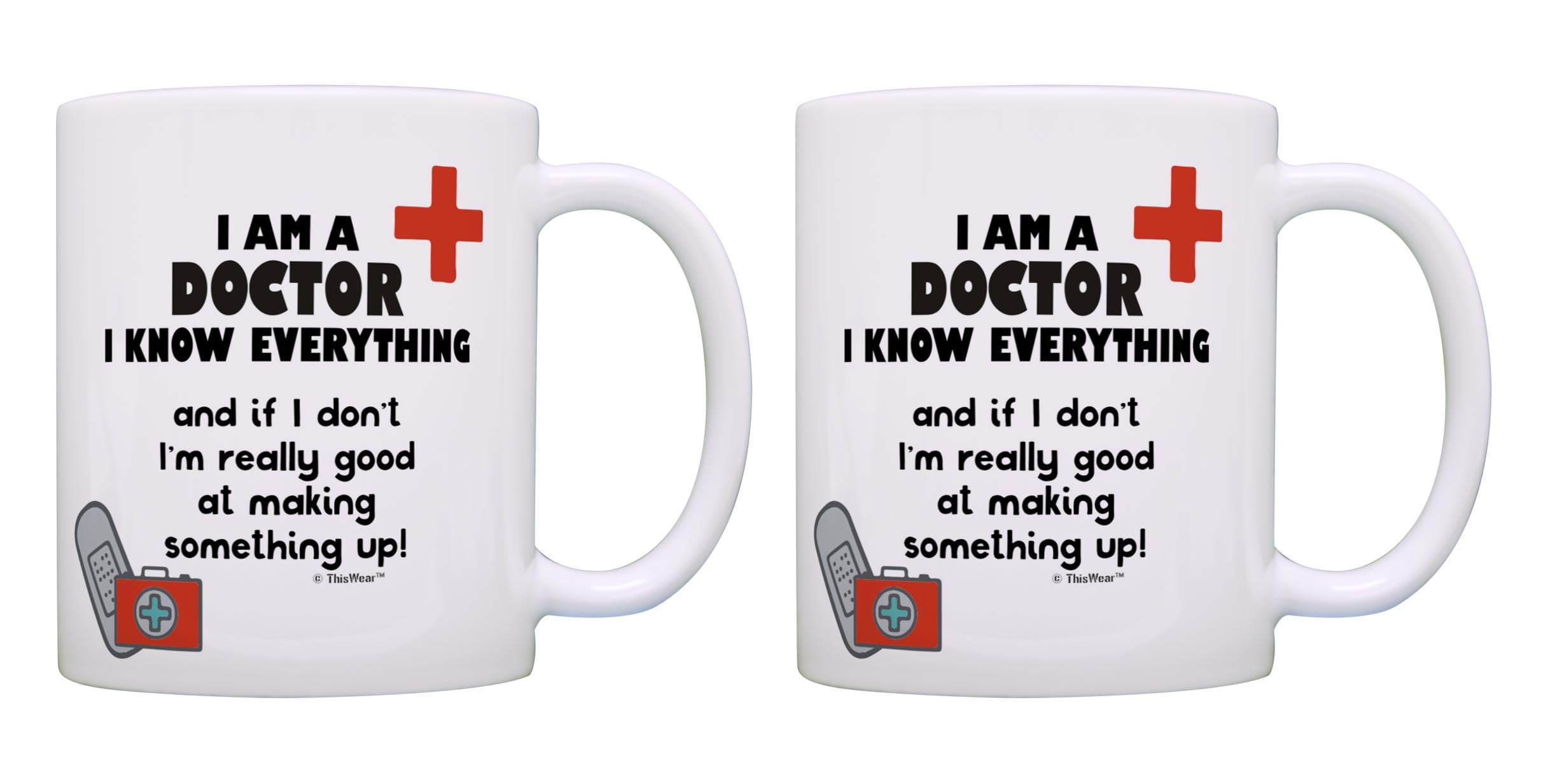 Pediatric Doctor Coffee Mugs 2-Pack - White Ceramic Tea Cups with 'I Am A Doctor I Know Everything' Design - Perfect for Hospitals, Clinics, and Medical Office Gifts