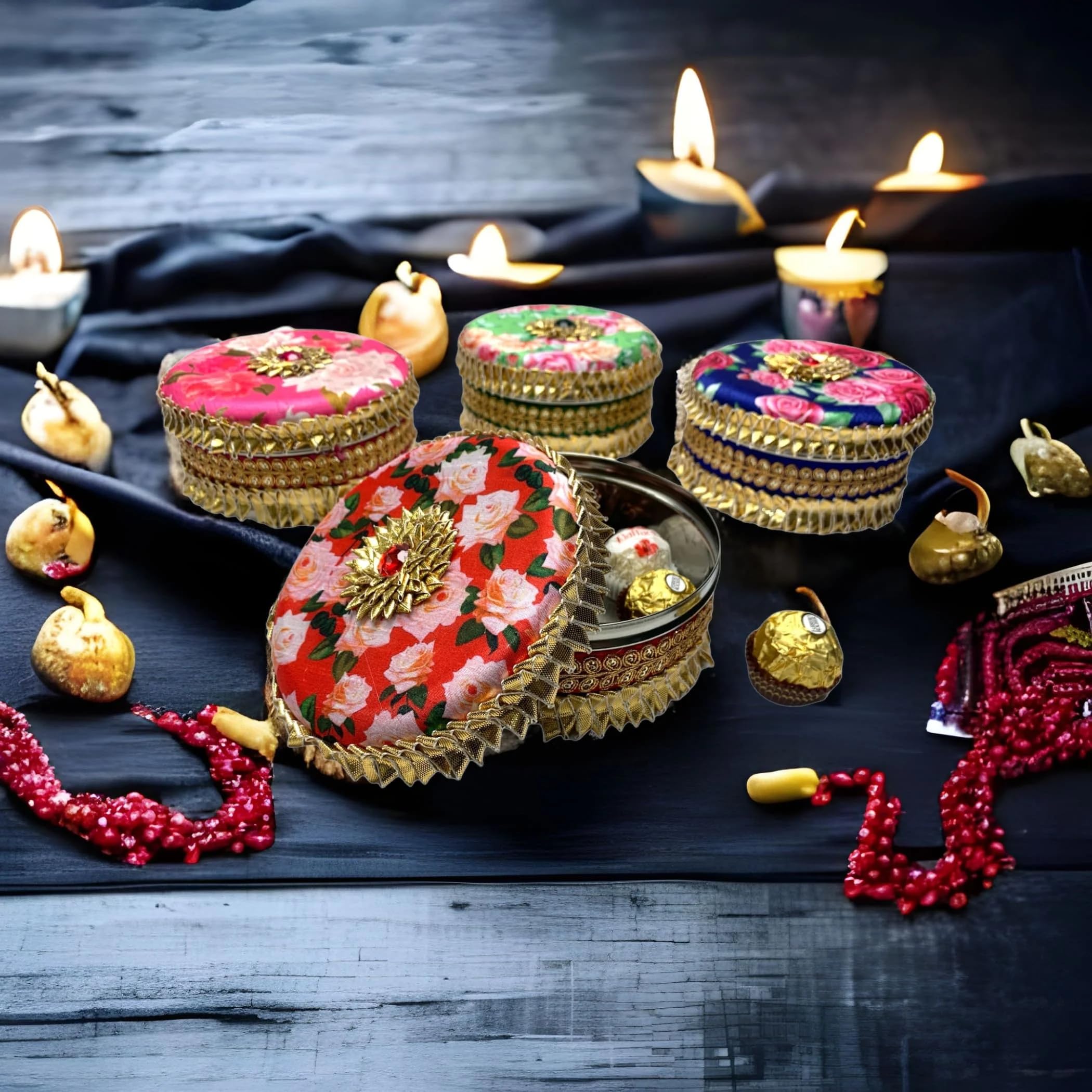 LoveNspire Decorative Gotta Steel Ladoo Box - Elegant Indian Sweet Box for Wedding, Housewarming & Festivals - Perfect Pooja Favor, Shagun Gift for Friends, Family & Guests - Ideal for Diwali, Karva Chauth & Bridal Showers - Reusable Gift Box for Traditional Celebrations