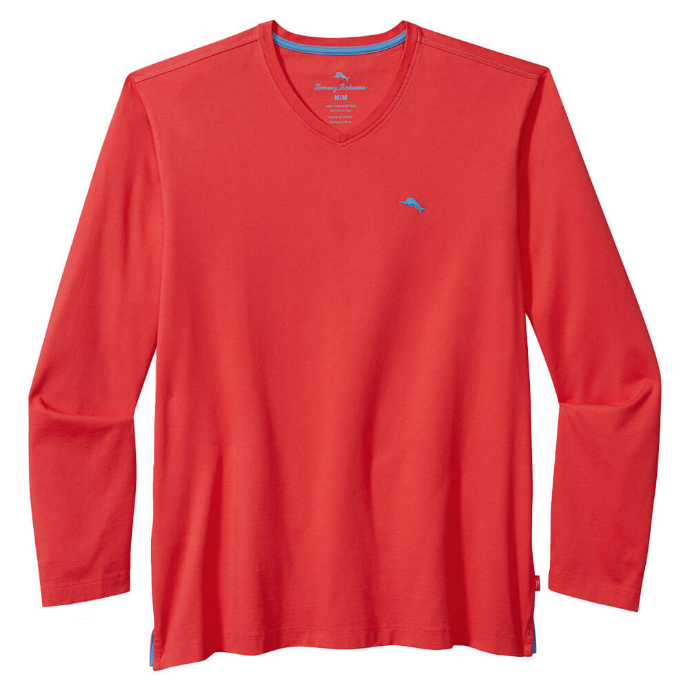 Tommy Bahama Bali Skyline V-Neck Long Sleeve T-Shirt for Men - Zanzibar Red - Comfortable Casual Shirt for Beach, Vacation & Outdoor Activities