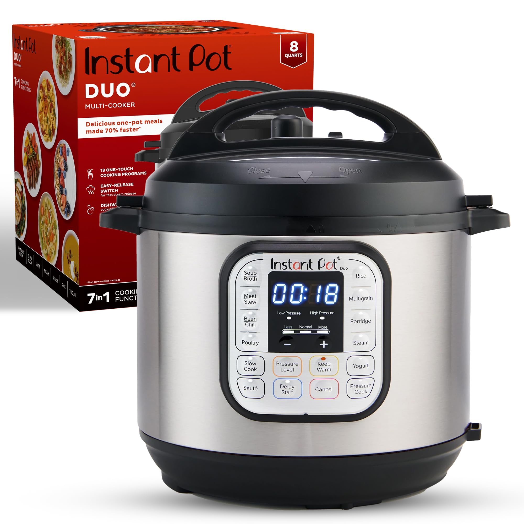 Instant Pot Duo 7-in-1 Electric Pressure Cooker | Slow Cooker, Rice Cooker, Steamer, Sauté Pan, Yogurt Maker & Food Warmer | 8 Quart Stainless Steel | Includes 800+ Recipe App | Perfect for Meal Prep, Family Dinners & Healthy Cooking