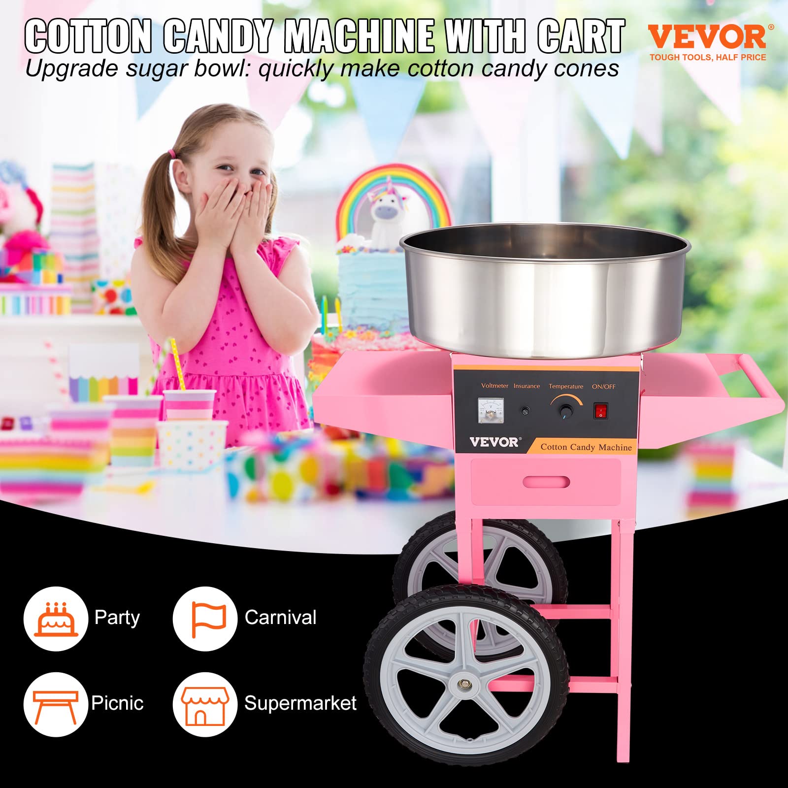 VBENLEM Commercial Cotton Candy Machine with Cart - Electric Candy Floss Maker with Stainless Steel Bowl, Sugar Scoop & Storage Drawer - Perfect for Birthday Parties, Carnival Events, and Home Use (Pink)