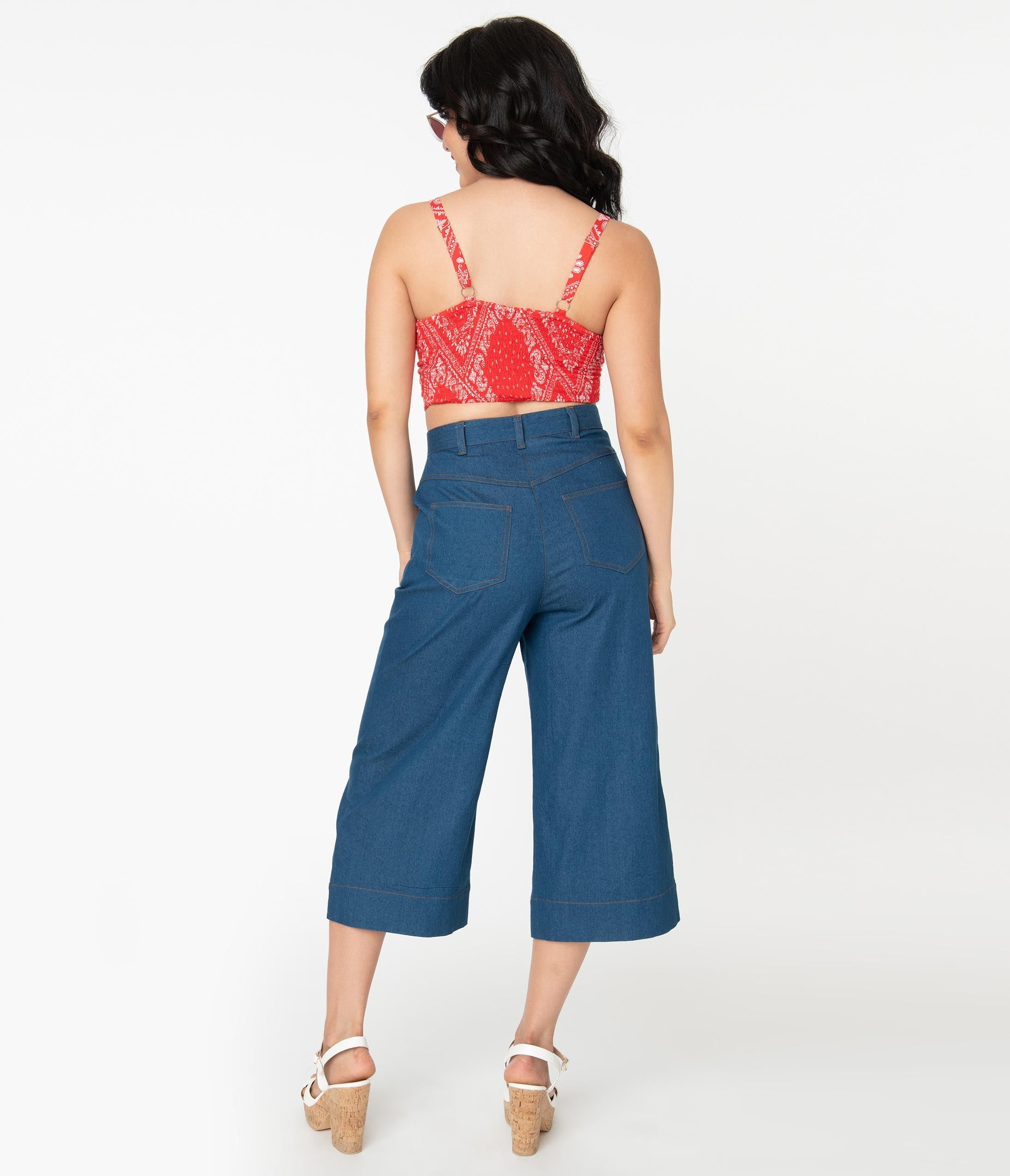 Vintage Denim Blue Chisholm Culottes - High Waisted Wide Leg Pants for Women | Perfect for Casual Outfits, Boho Style & Retro Fashion