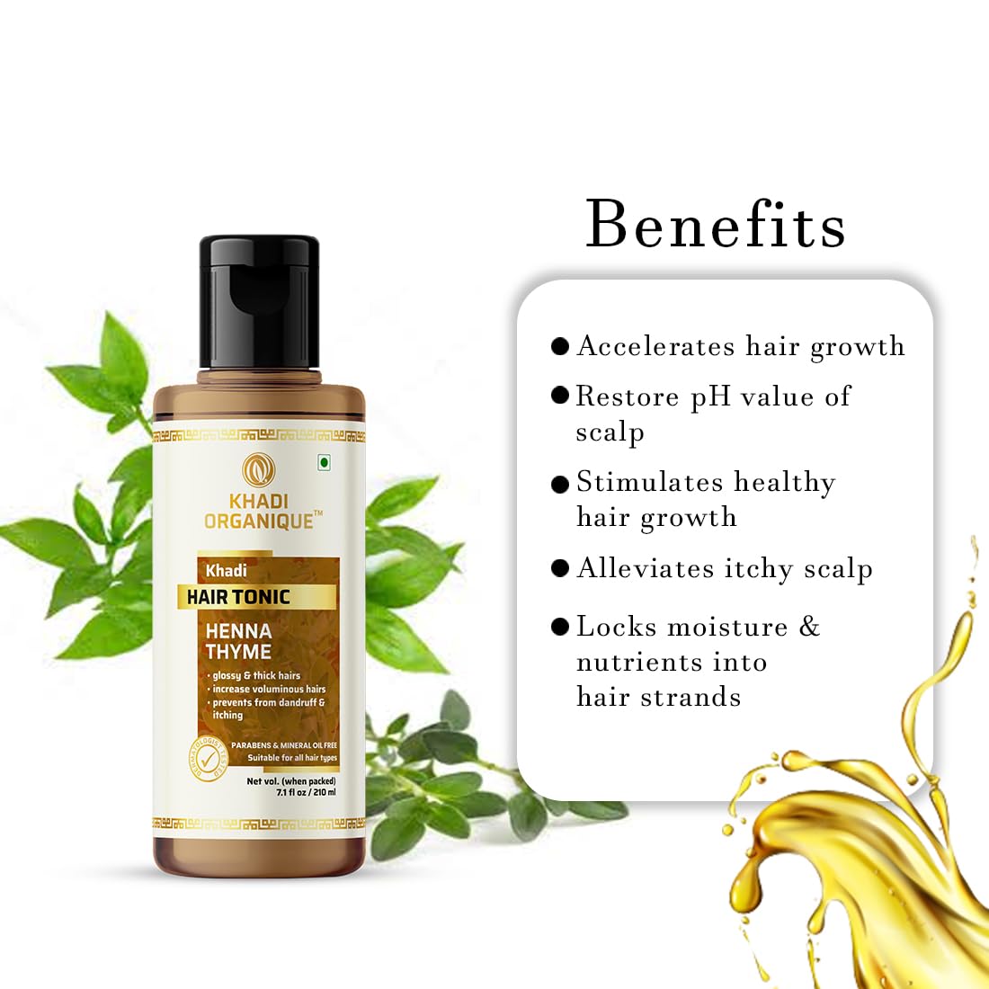 Khadi Organique Henna & Thyme Natural Hair Tonic - Paraben & Mineral Oil Free (1 Pack) | Promotes Hair Growth & Scalp Health for All Hair Types