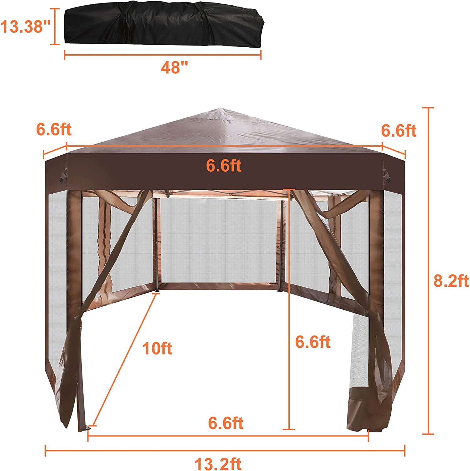 10' x 10' Pop Up Gazebo with Mosquito Net - Hexagonal Outdoor Canopy Tent for Backyard, Patio & Garden - Includes Storage Bag (Dark Brown) | Perfect for BBQs, Camping & Outdoor Gatherings