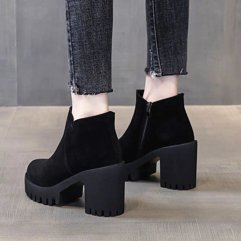 Punk Style Black Suede Ankle Boots for Women - High Heel Combat Booties, Winter Fashion Footwear | Perfect for Night Out, Parties & Edgy Street Style
