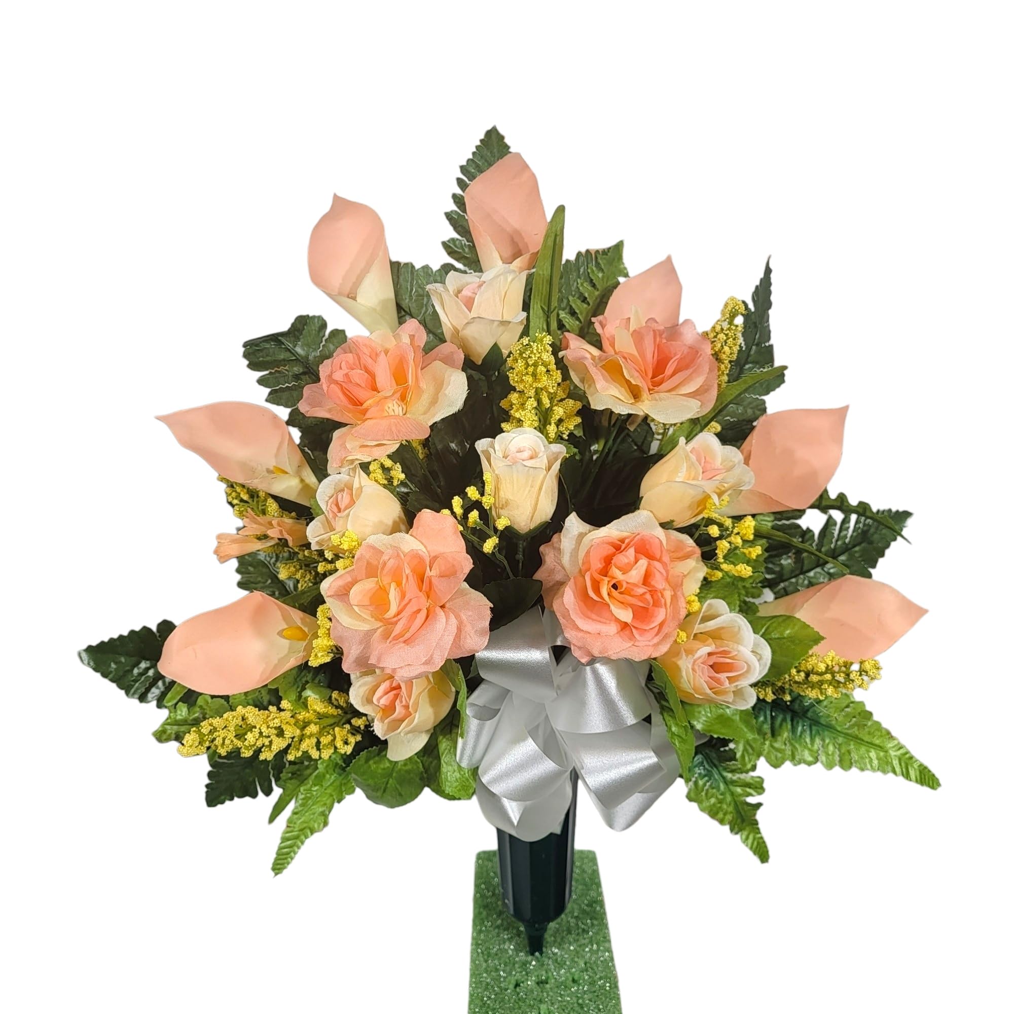 Realistic Artificial Cemetery Flowers - Silk Faux Peach Rose & Calla Lily Bouquet for Graves - 2 Headstone Decorations - Memorial Flowers for Gravesite, Funeral, Sympathy & Remembrance