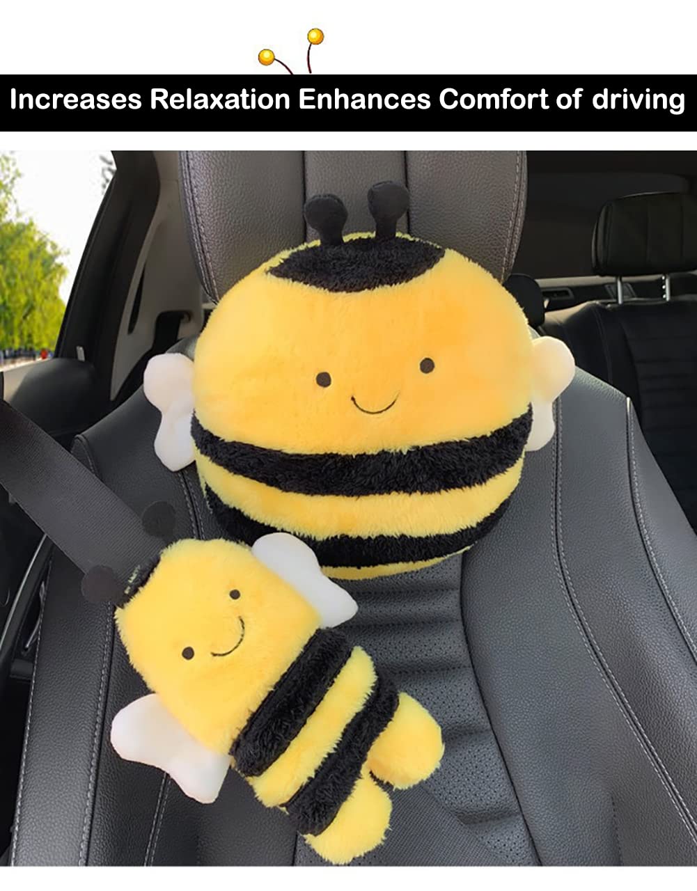 Comfortable Car Headrest Pillow - Soft Bee Neck Pillow for Driving, Seat Belt Cover Shoulder Pad & Head Rest Cushion (1PCS) - Perfect for Long Road Trips & Commuting