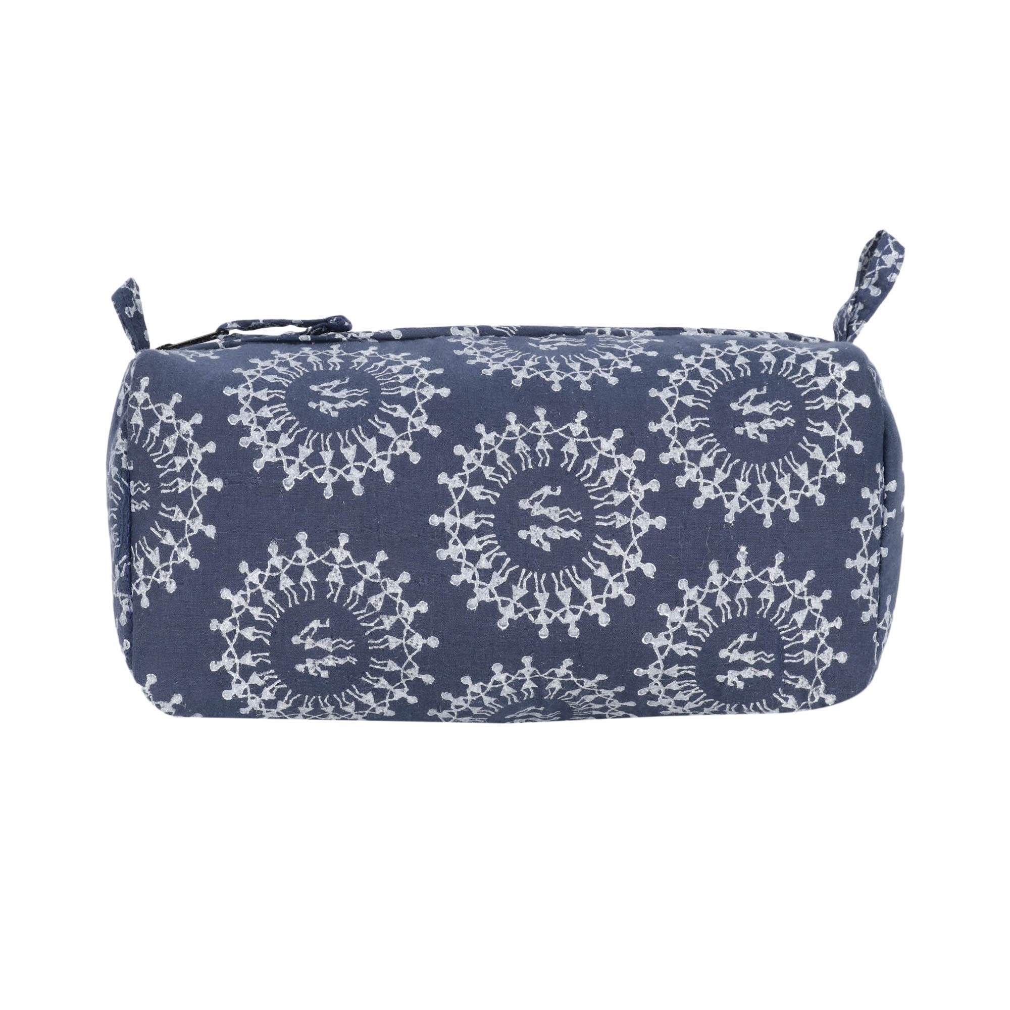 Handmade Cotton Block Printed Blue Multipurpose Pouch - Travel Organizer, Cosmetic Bag & Toiletry Case for Women | Perfect for Makeup Storage, Travel Essentials & Gift Giving