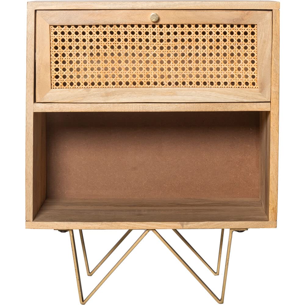 Natural Tybee 24-inch Mango Wood Side Table with Cane Front, 1 Drawer & Open Cubby Shelf - Rustic Boho Bedside Table, Living Room End Table, or Entryway Storage - Hanover Collection