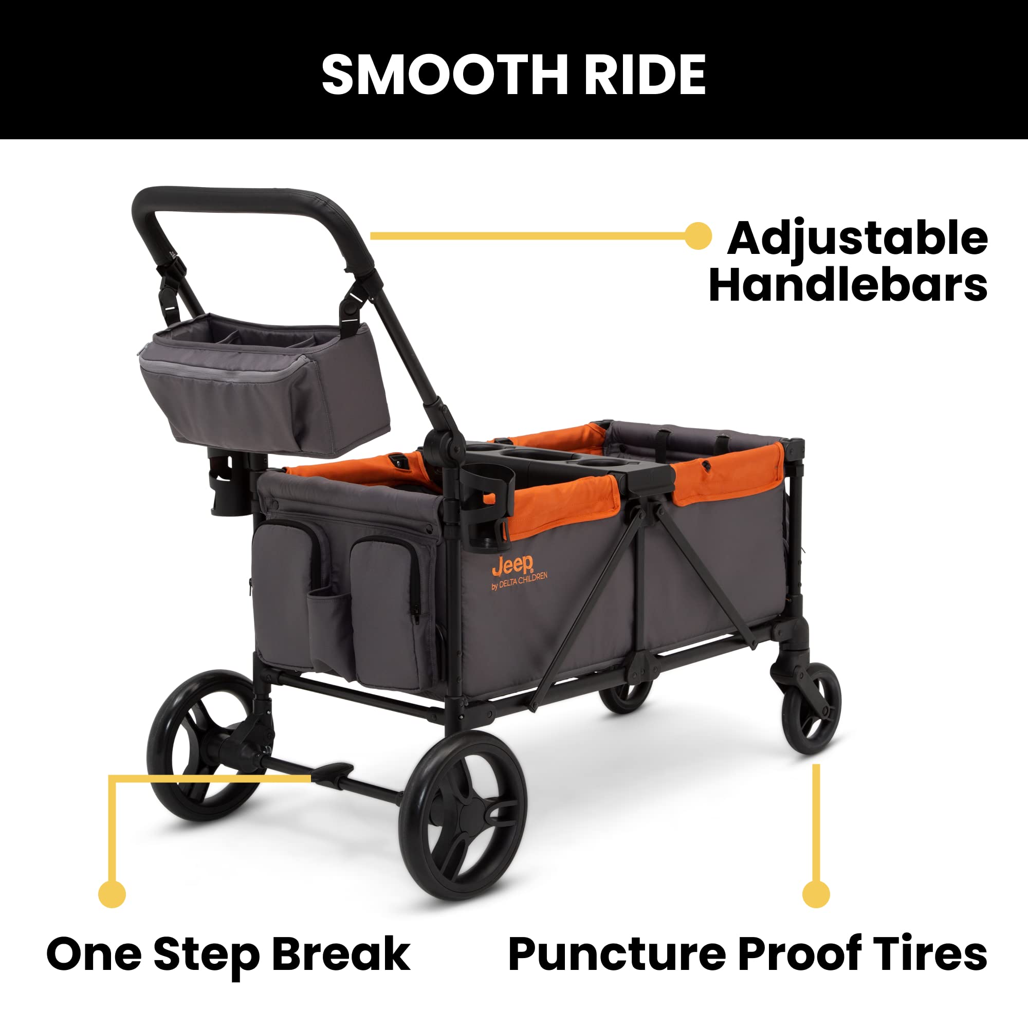 Delta Children Jeep Sport All-Terrain Stroller Wagon with Canopy, Parent Organizer & Snack Tray - Adjustable Handlebar, Cup Holders - Grey/Bonfire - Perfect for Outdoor Adventures, Beach Trips & Family Outings