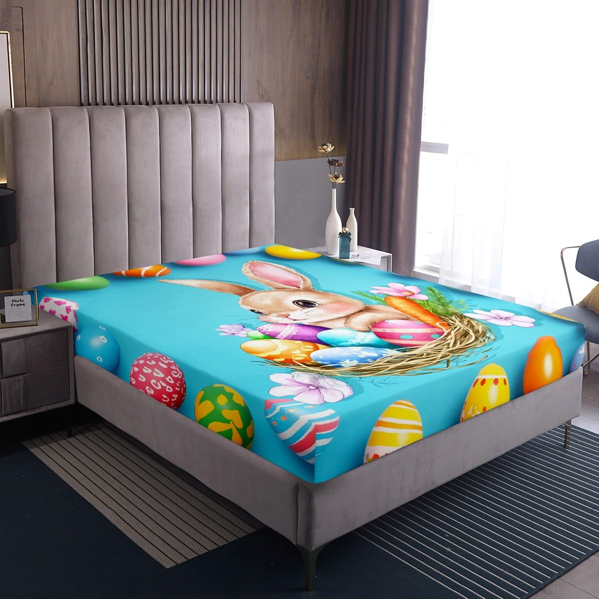 Easter Bunny Themed Full Size Fitted Sheet Set - Cute Rabbit & Egg Design Bedding for Boys, Teens & Youth - Perfect for Easter Decor, Kids Room & Holiday Gifts