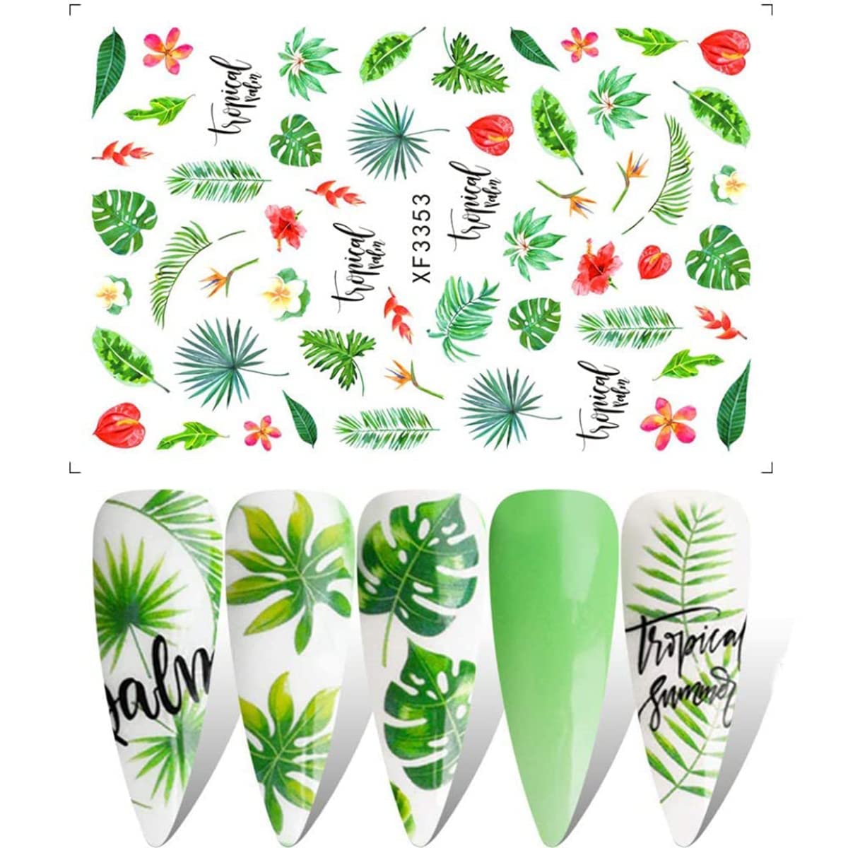 12 Sheets Summer Leaf Nail Art Stickers - 3D Self-Adhesive Nail Decals for Women, Palm Leaves & Clover Designs - Manicure Decorations & Nail Art Supplies | Perfect for Summer Nails, Beach Vacations & Tropical Themed Parties