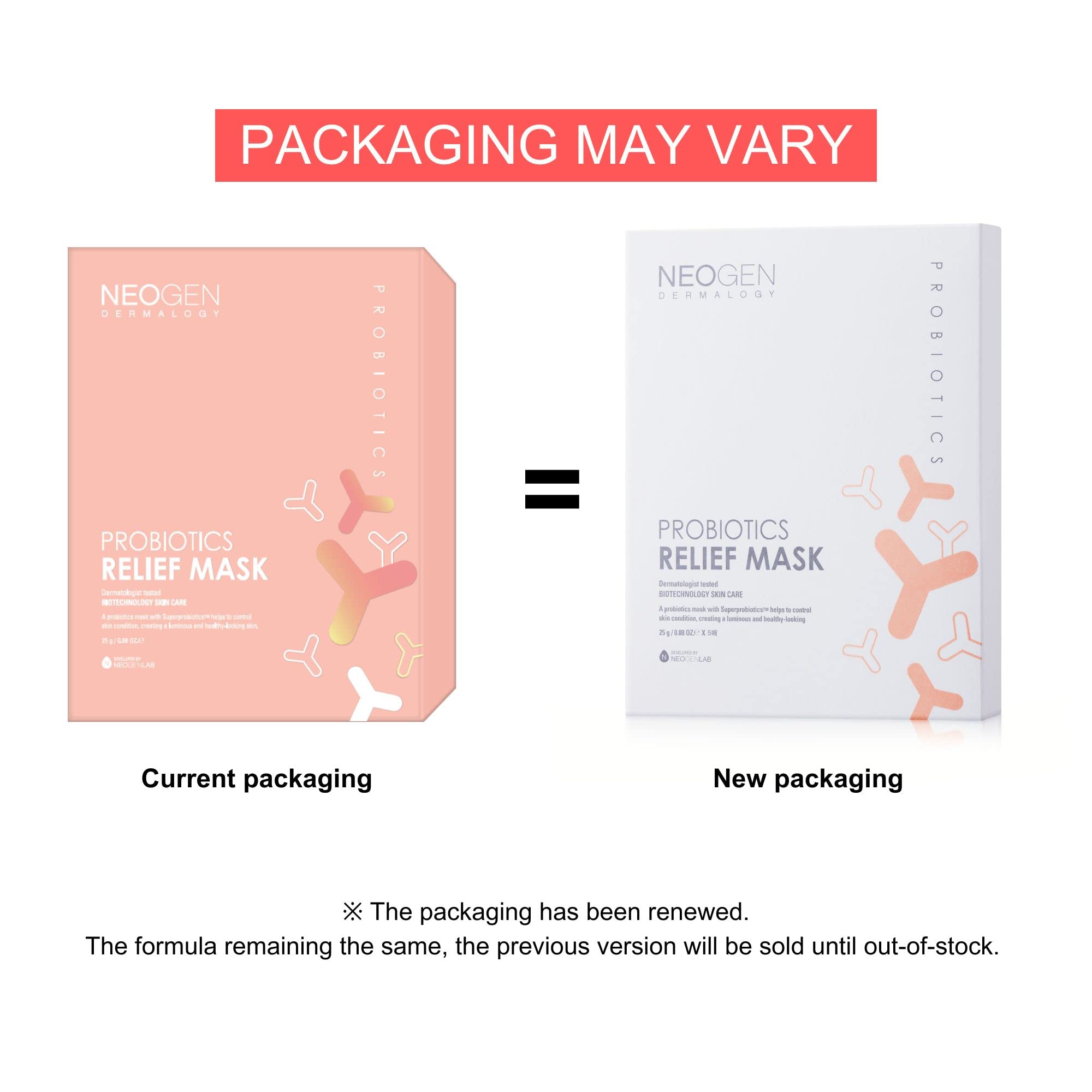 NEOGENLAB DERMALOGY Probiotics Relief Facial Sheet Mask - Hydrating & Firming Korean Skin Care with Probiotics Lactobacillus, Bifida & Collagen - Pack of 5 (0.88 oz / 25g) for Daily Skincare Routine & Spa Night Relaxation