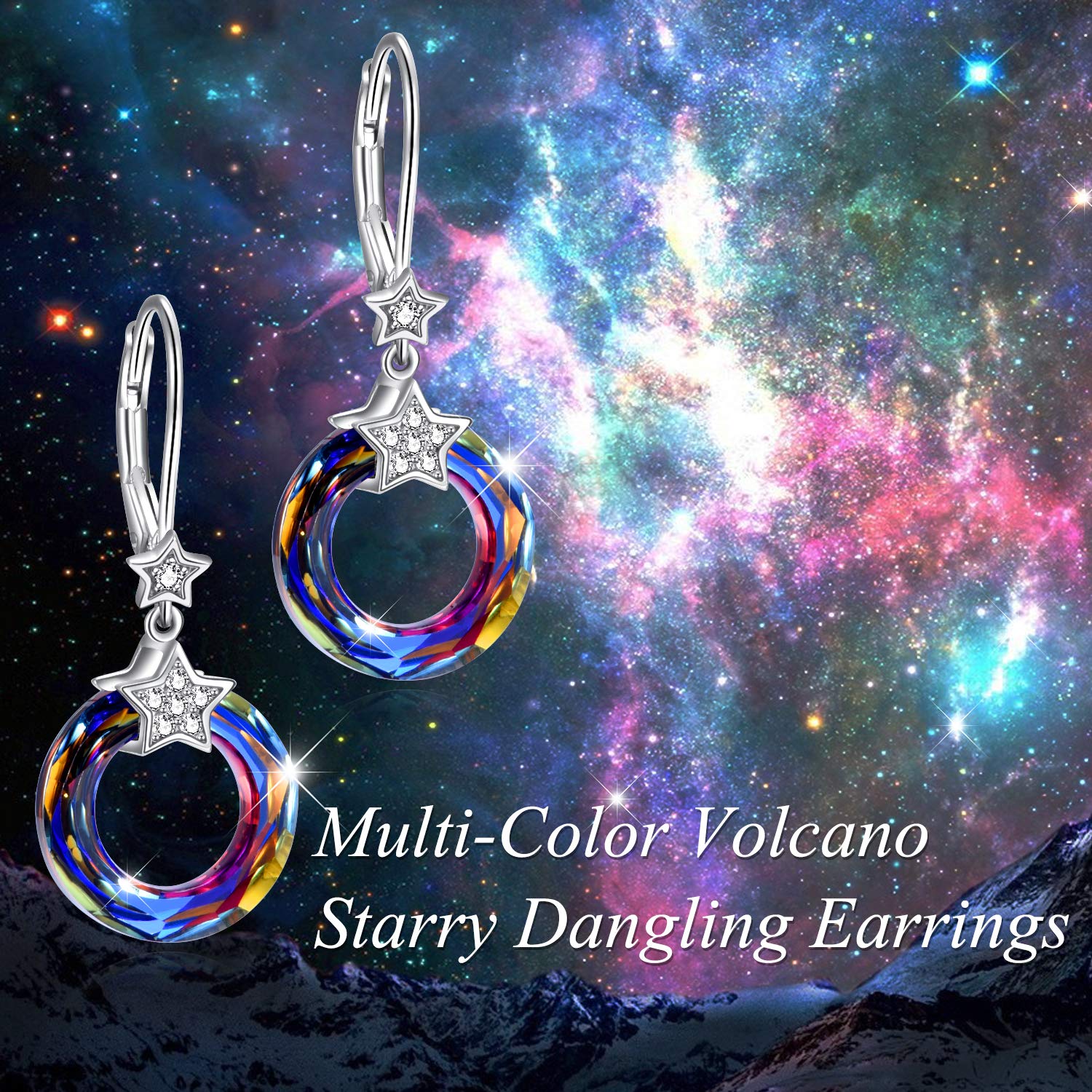 Volcano Rose & Star Crystal Earrings - Sterling Silver Rose Circle Dangle Leverback Earrings with Austrian Crystals | Elegant Jewelry Gift for Women | Perfect for Birthday, Anniversary & Special Occasions